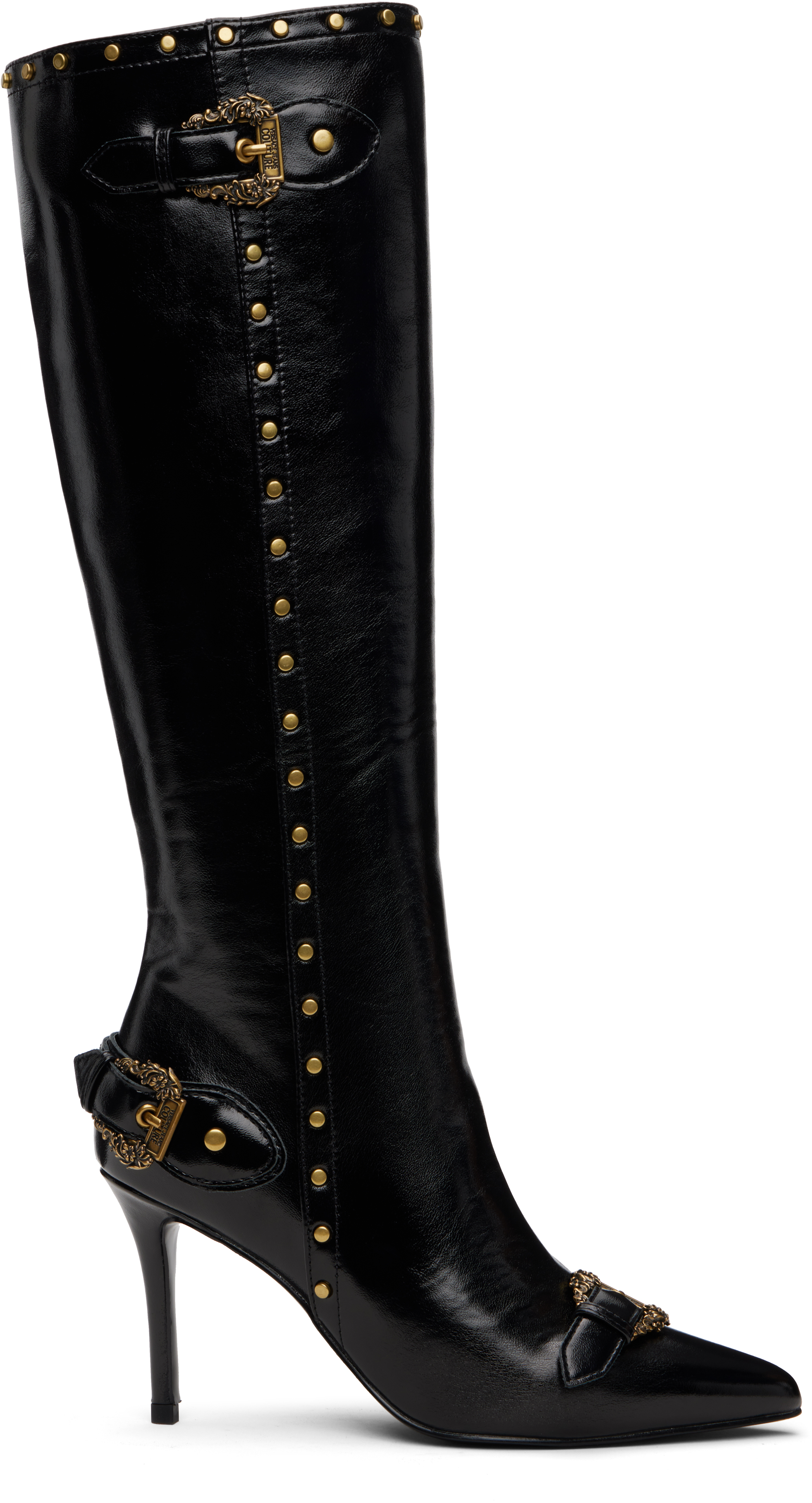 Versace Jeans Couture Buckle-detail Studded Knee-high Boots In Black