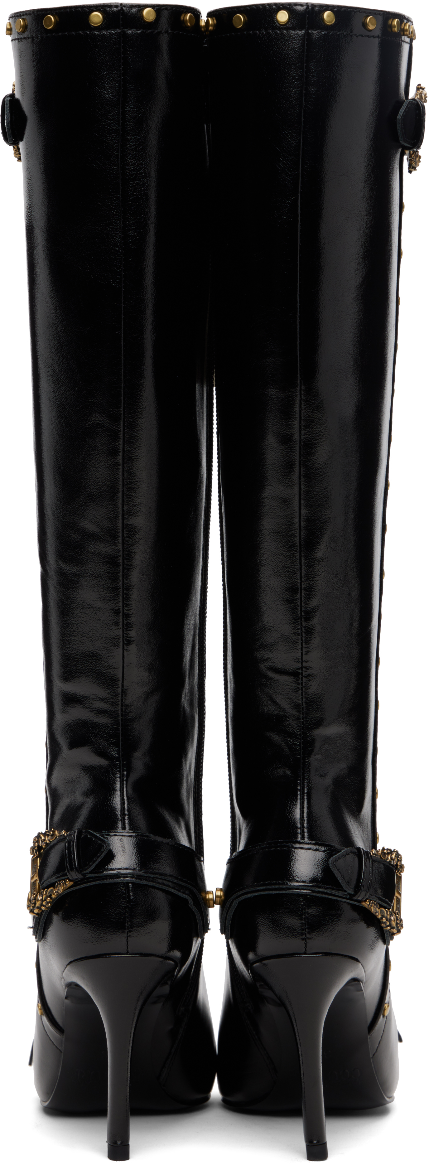 Versace Jeans Couture Buckle-detail Studded Knee-high Boots In Black