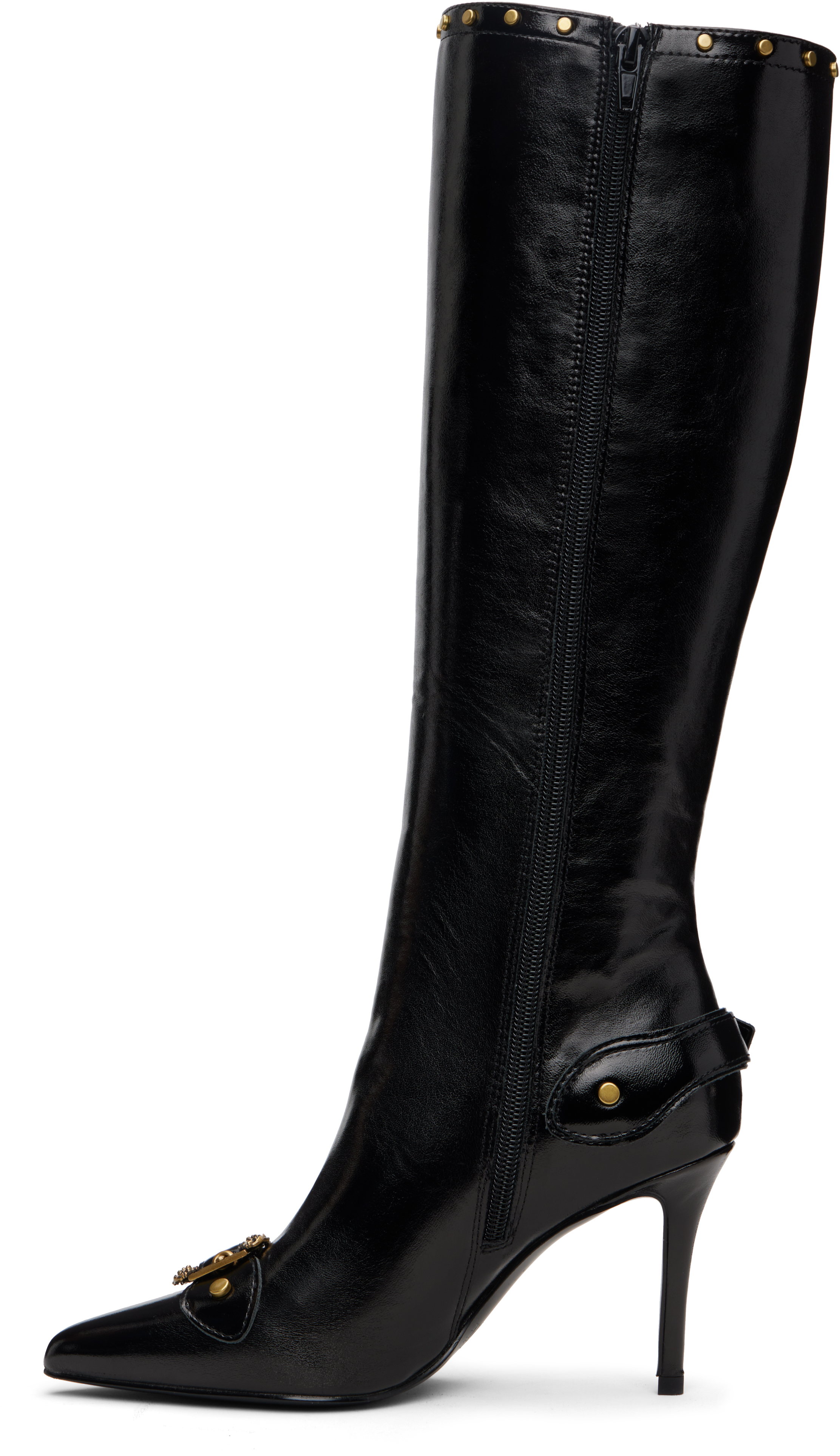 Versace Jeans Couture Buckle-detail Studded Knee-high Boots In Black