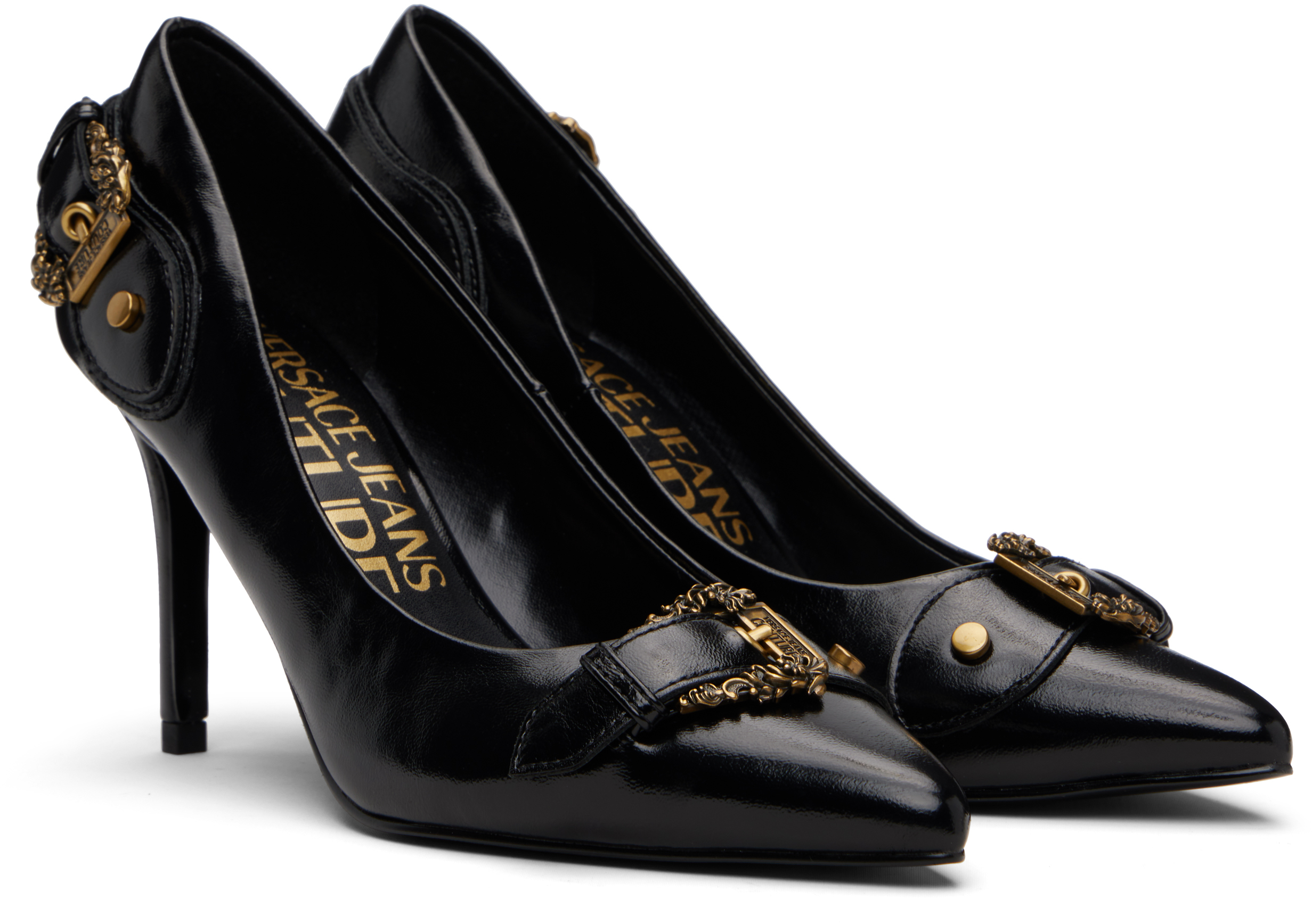 Versace Jeans Couture Black Scarlett Baroque Buckle Heels In Black