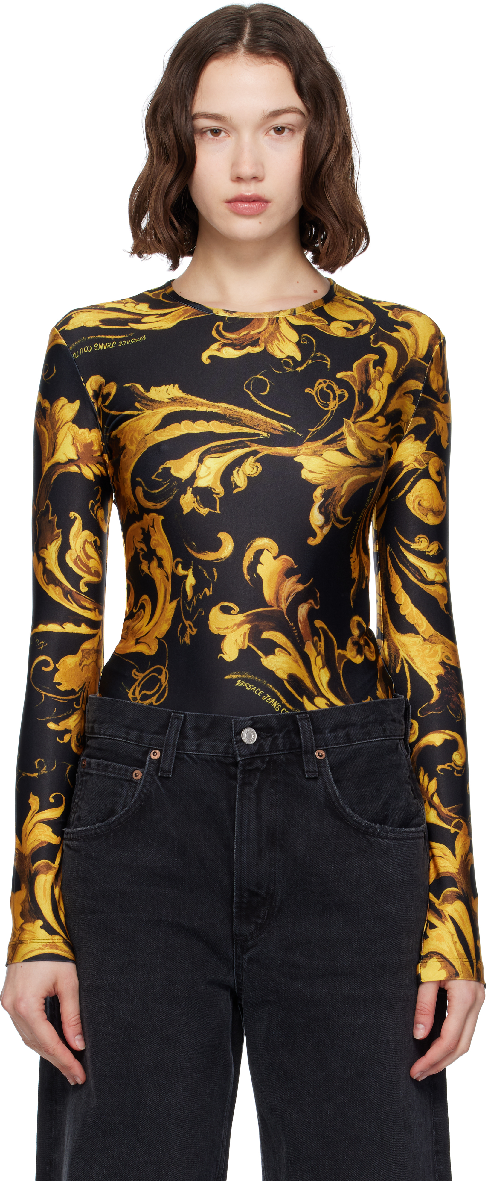 Versace Jeans Couture: ブラック＆ゴールド Lycra ボディスーツ