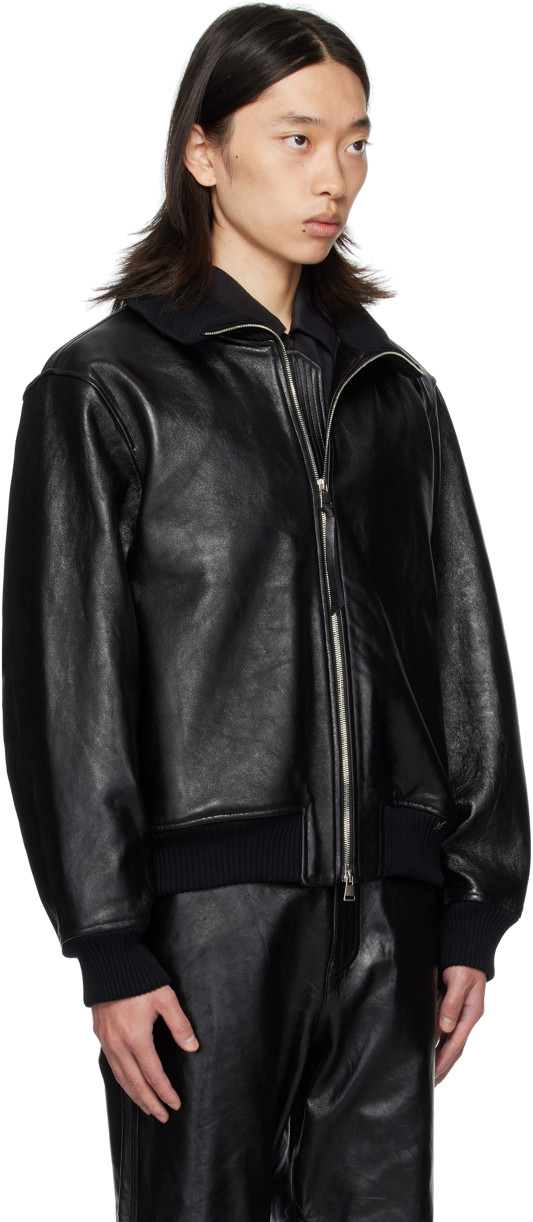 Ouat Black Astro Leather Bomber Jacket In Black