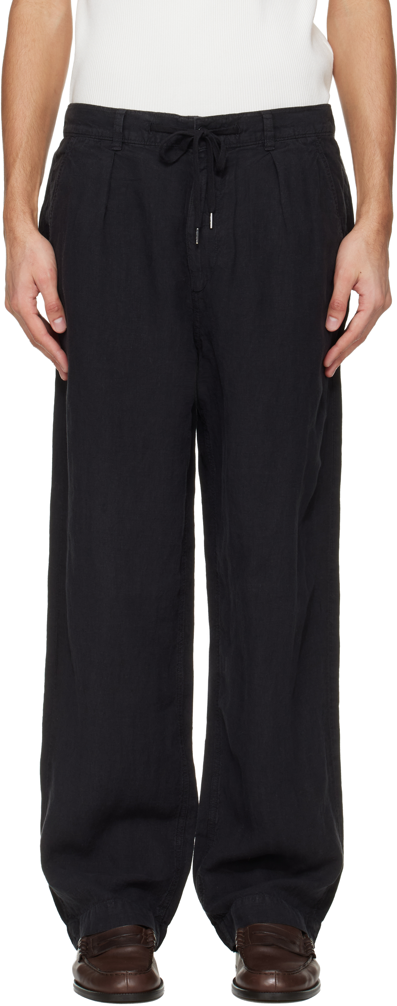 Black Linen Pleated Trousers by Polo Ralph Lauren on Sale
