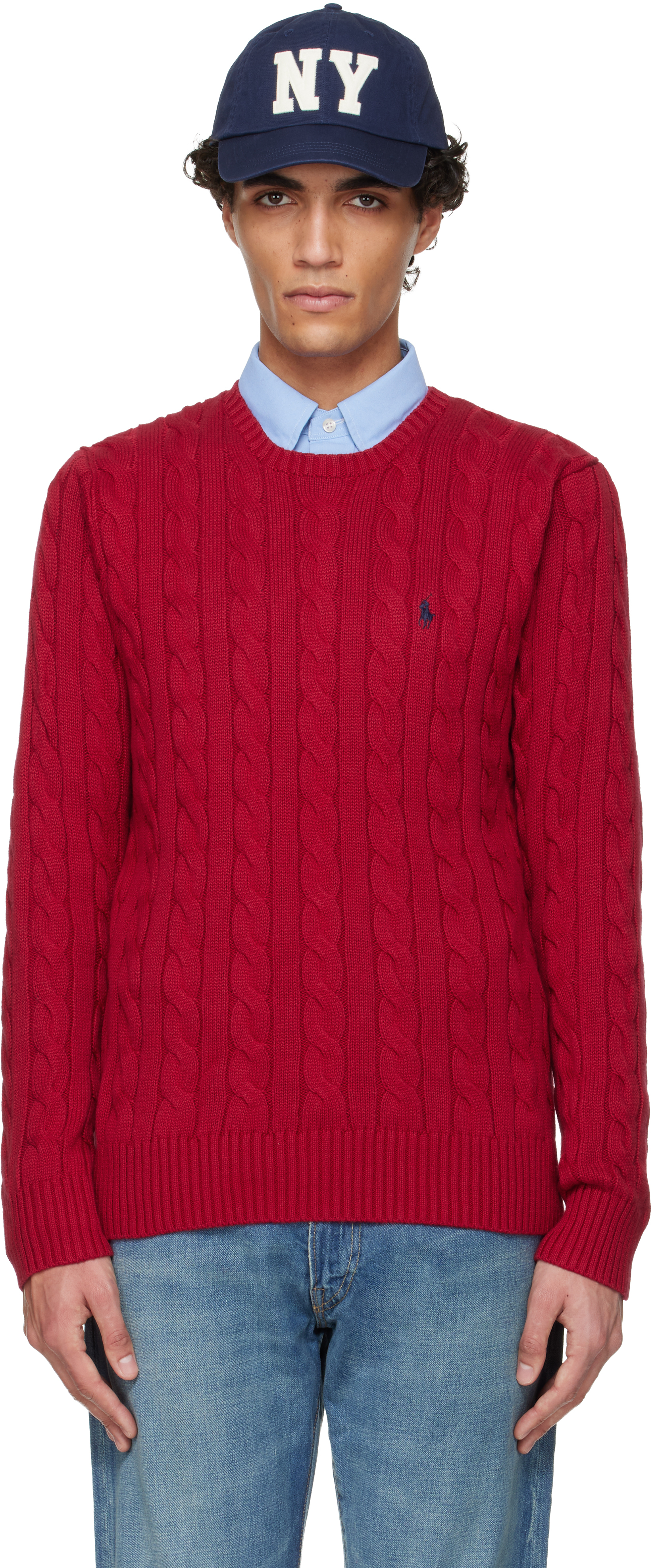 Polo Ralph Laurenのレッド ケーブルニット コットン セーターがセール中