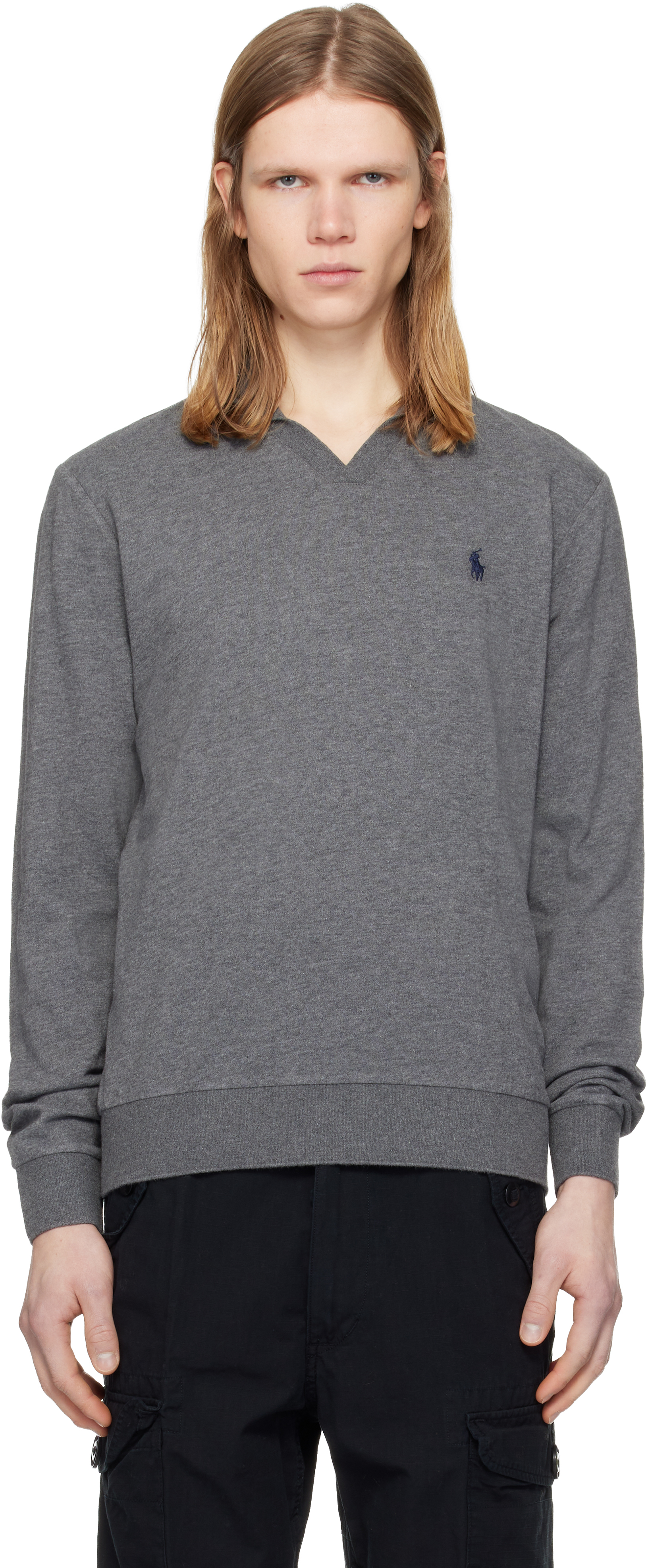 Polo Ralph Lauren: グレー テクスチャード ジャージ 長袖ポロシャツ