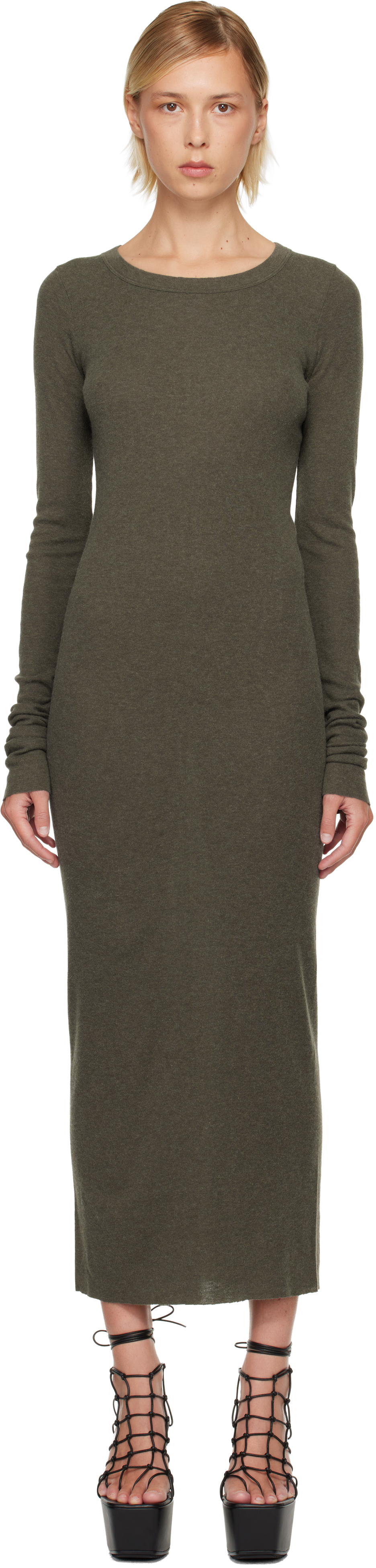 Rick Owens Khaki Concordians Rib Ls Midi Dress In Green