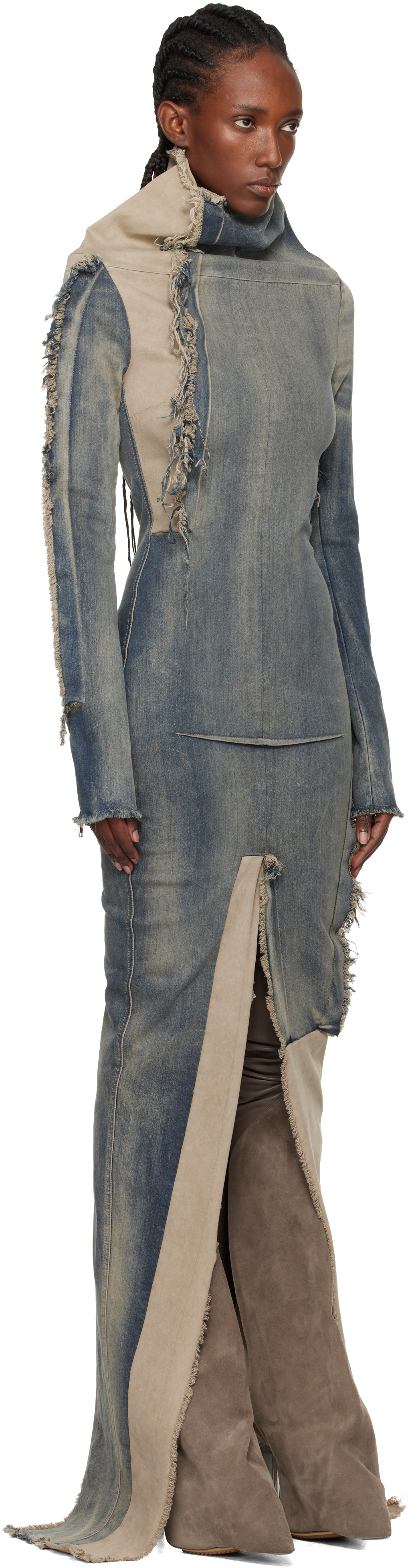 Rick Owens Blue & Beige Concordians Etna Denim Maxi Dress In Blue