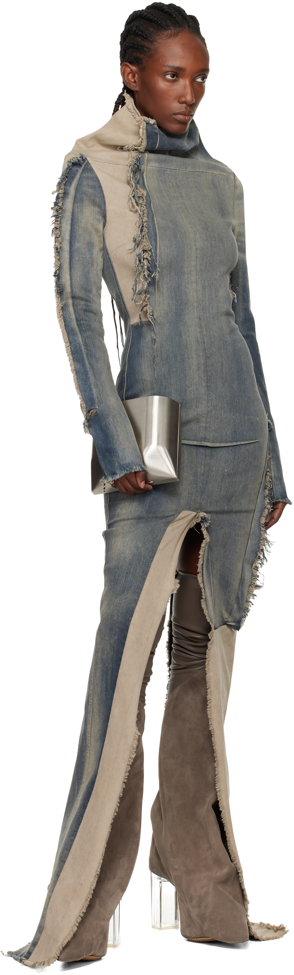 Rick Owens Blue & Beige Concordians Etna Denim Maxi Dress In Blue