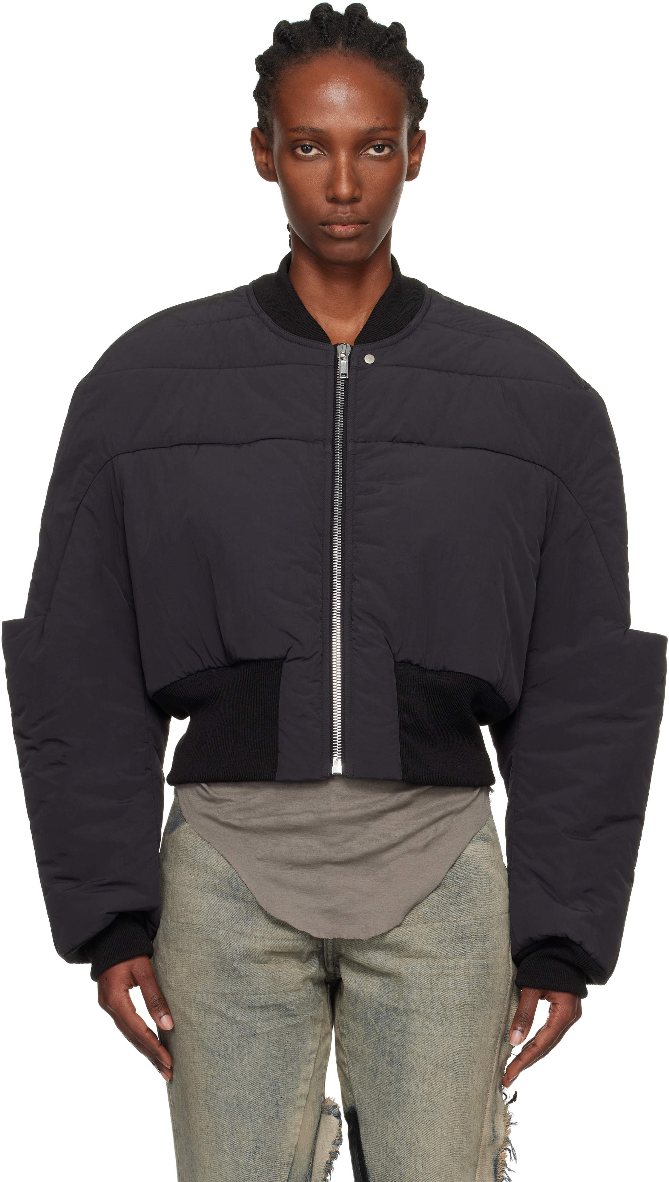 Rick Owens Black Concordians Girdered Cropped Bomber Down Jacket In Black