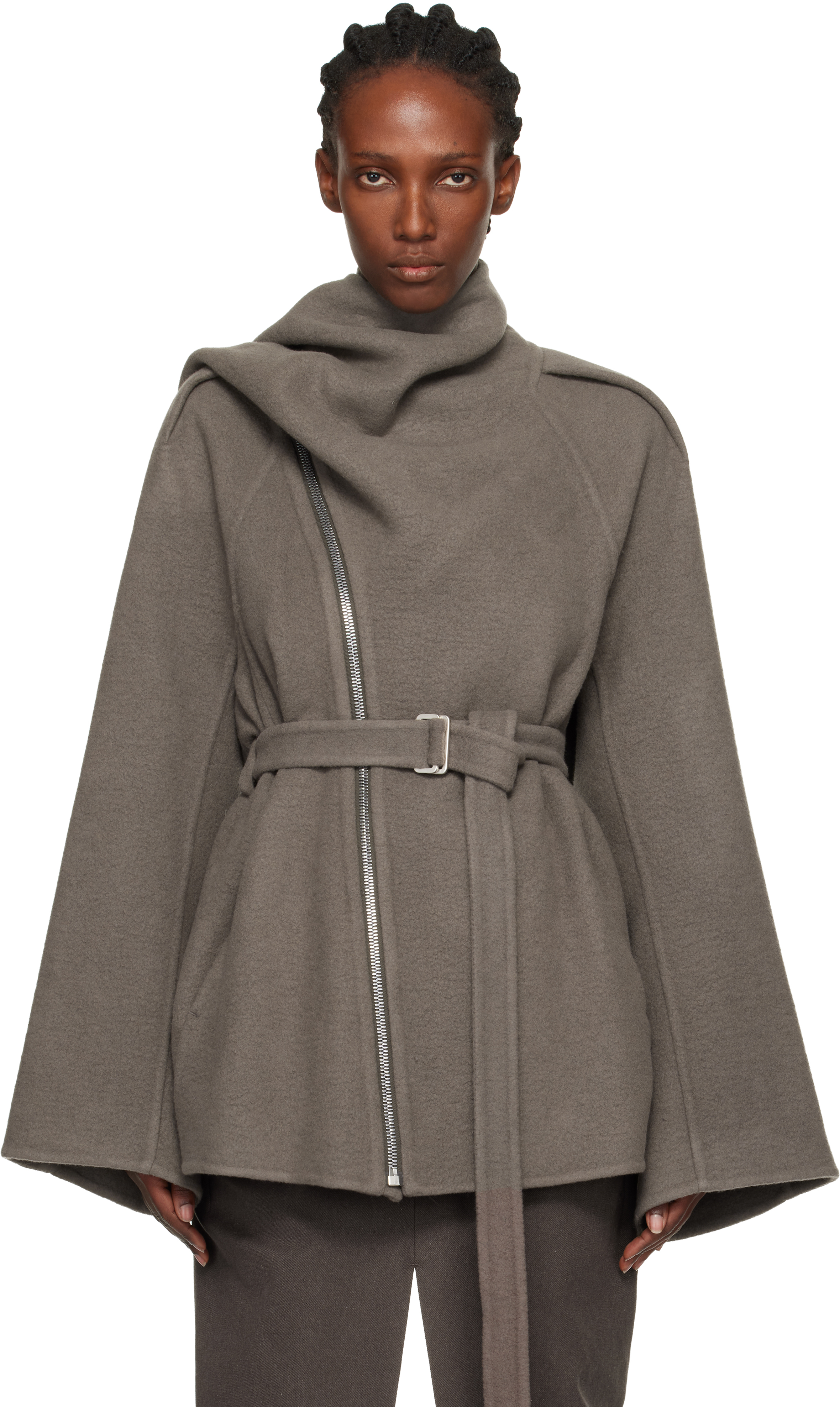 Rick Owens Gray Concordians Runway Scarf Flight Coat In Sand