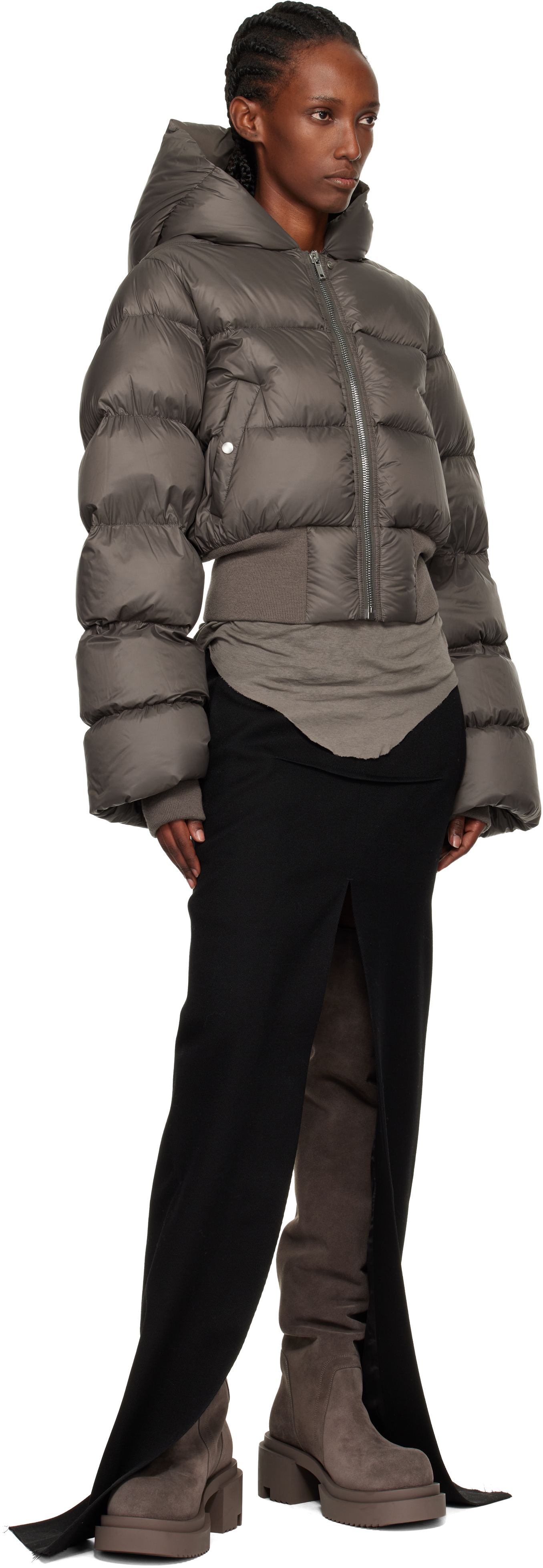 Rick Owens Gray Concordians Hooded Down Jacket In Brown