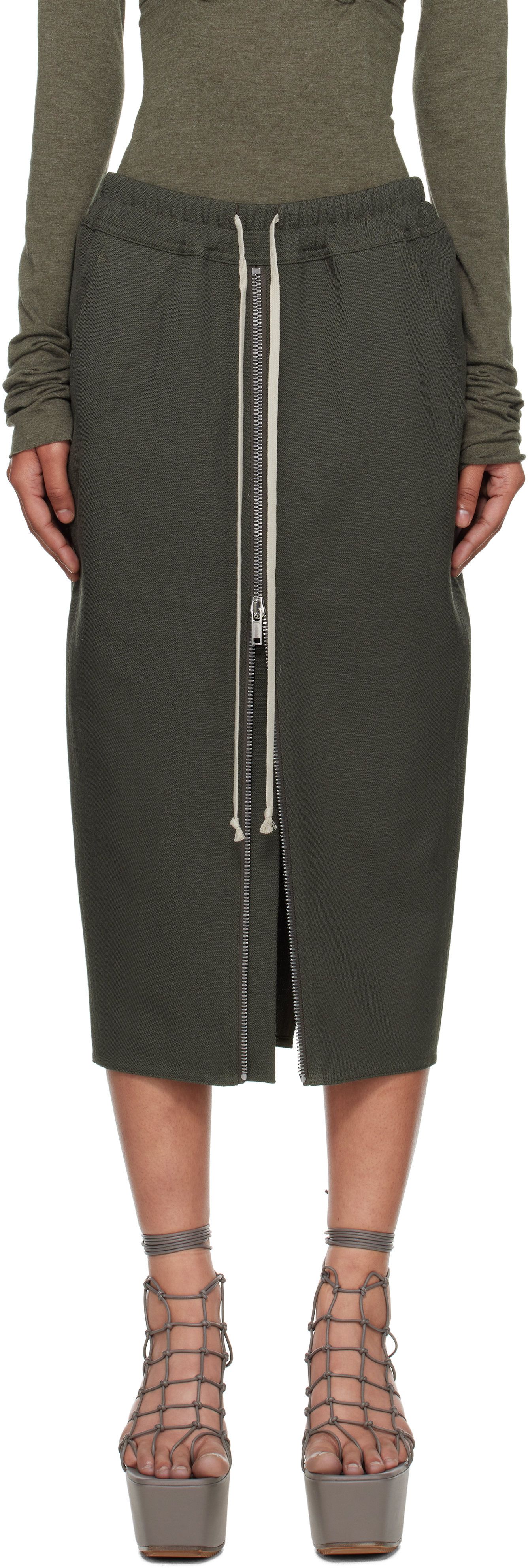 Rick Owens Khaki Concordians Zipped Short Pillar Midi Skirt