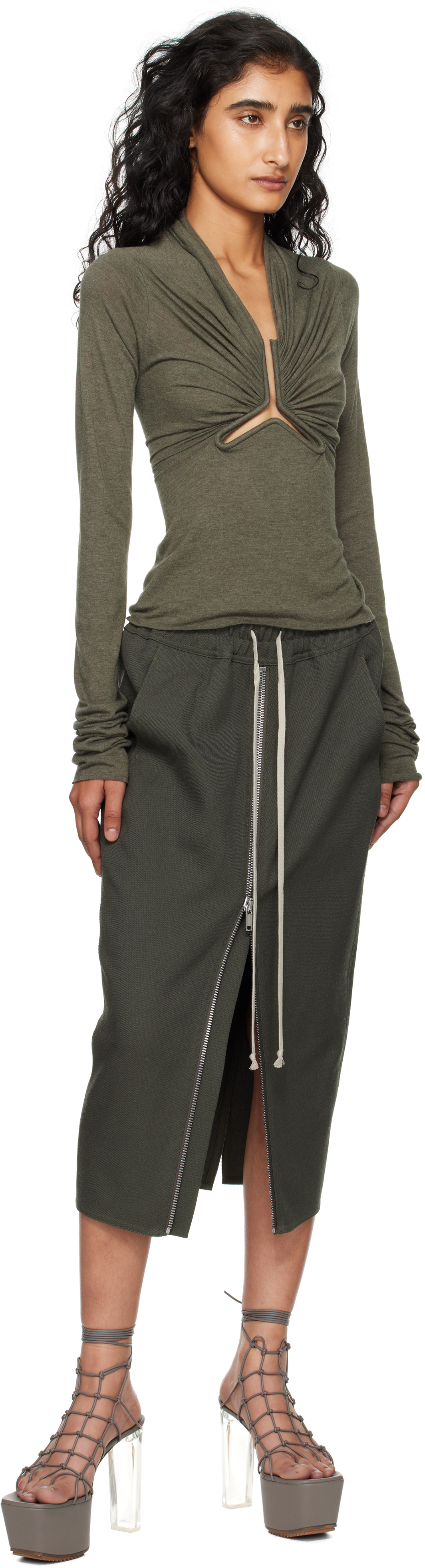 Rick Owens Khaki Concordians Zipped Short Pillar Midi Skirt