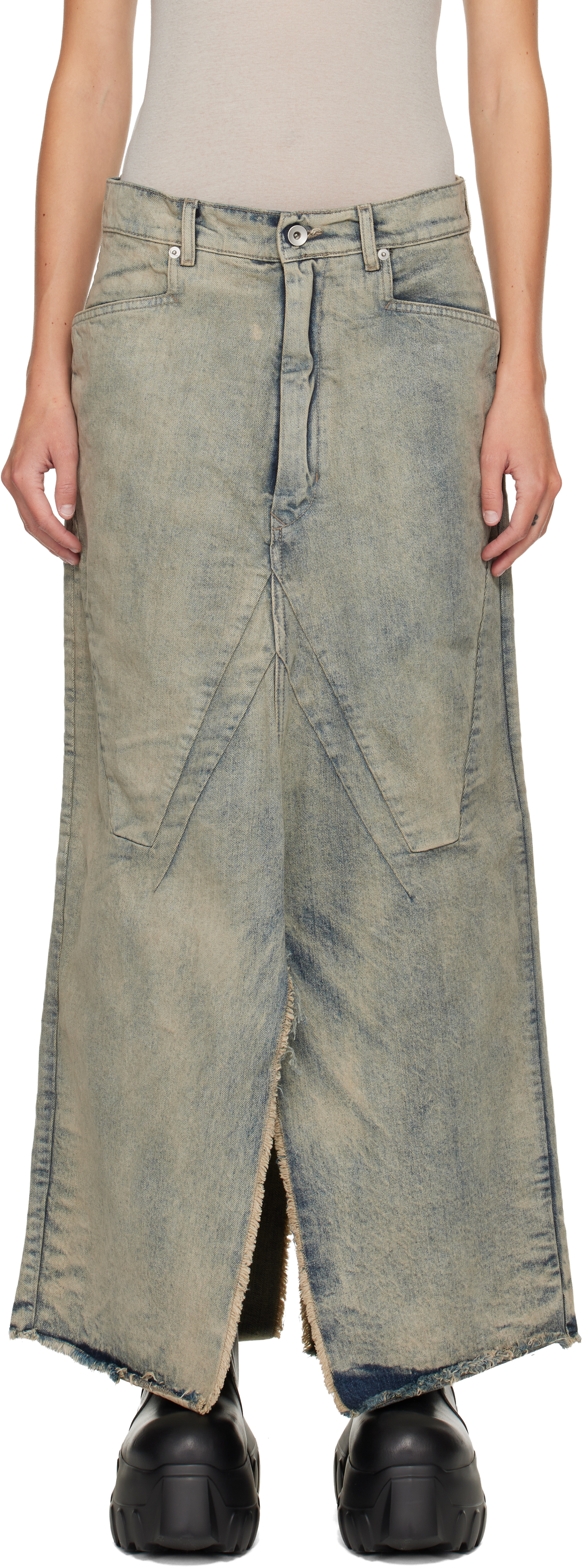 Rick Owens Blue Concordians Long Slivered Denim Midi Skirt