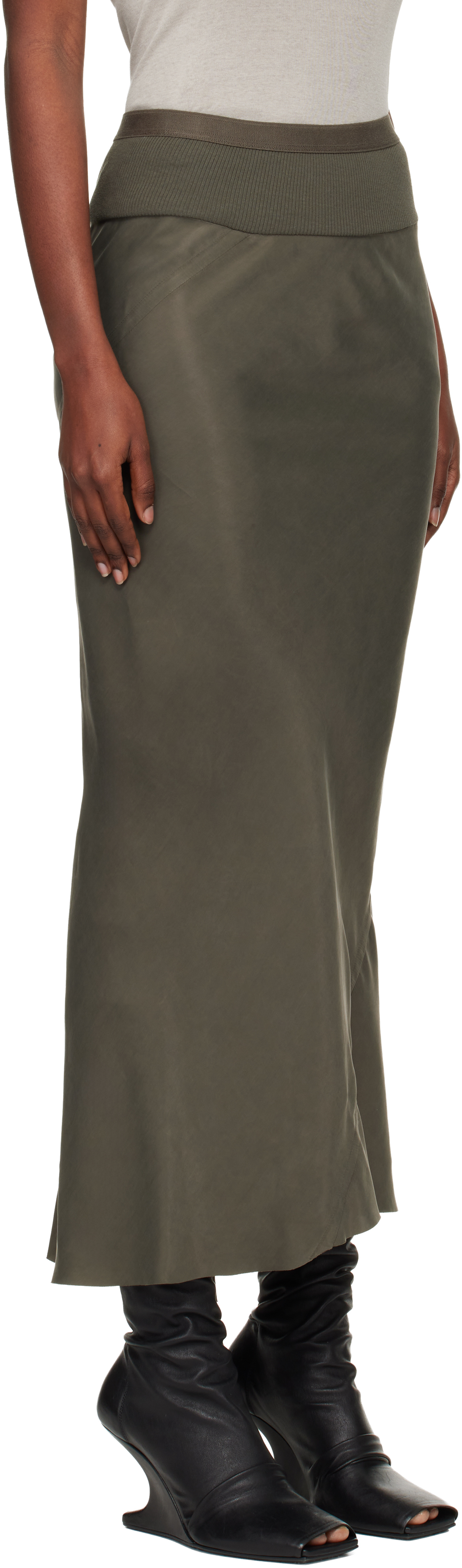 Rick Owens Khaki Concordians Calf Bias Midi Skirt In Green