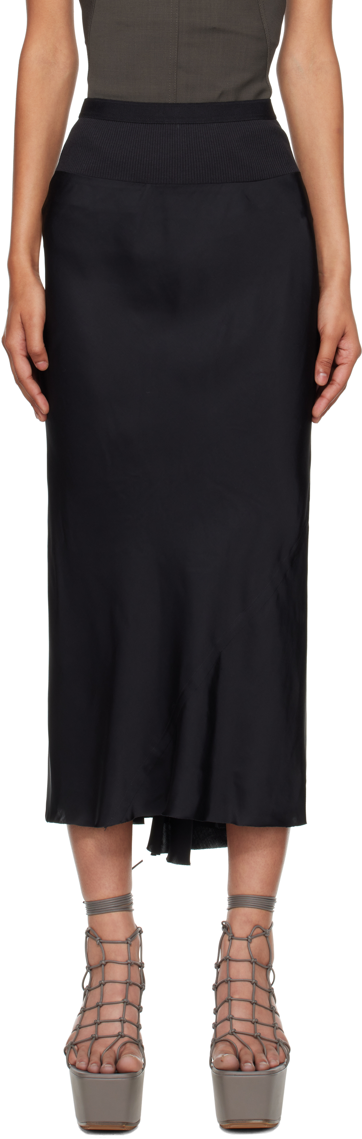 Rick Owens Black Concordians A Line Bias Midi Skirt In Black