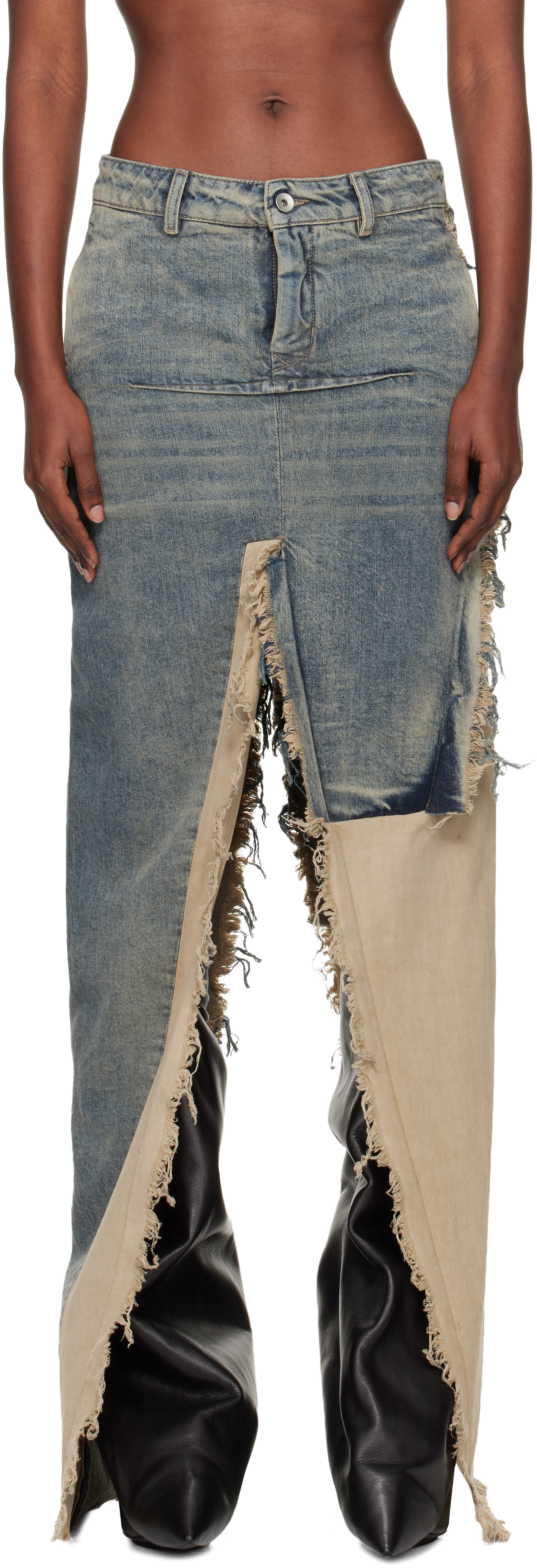 Rick Owens Blue & Off-white Concordians Sliced Denim Maxi Skirt In Blue