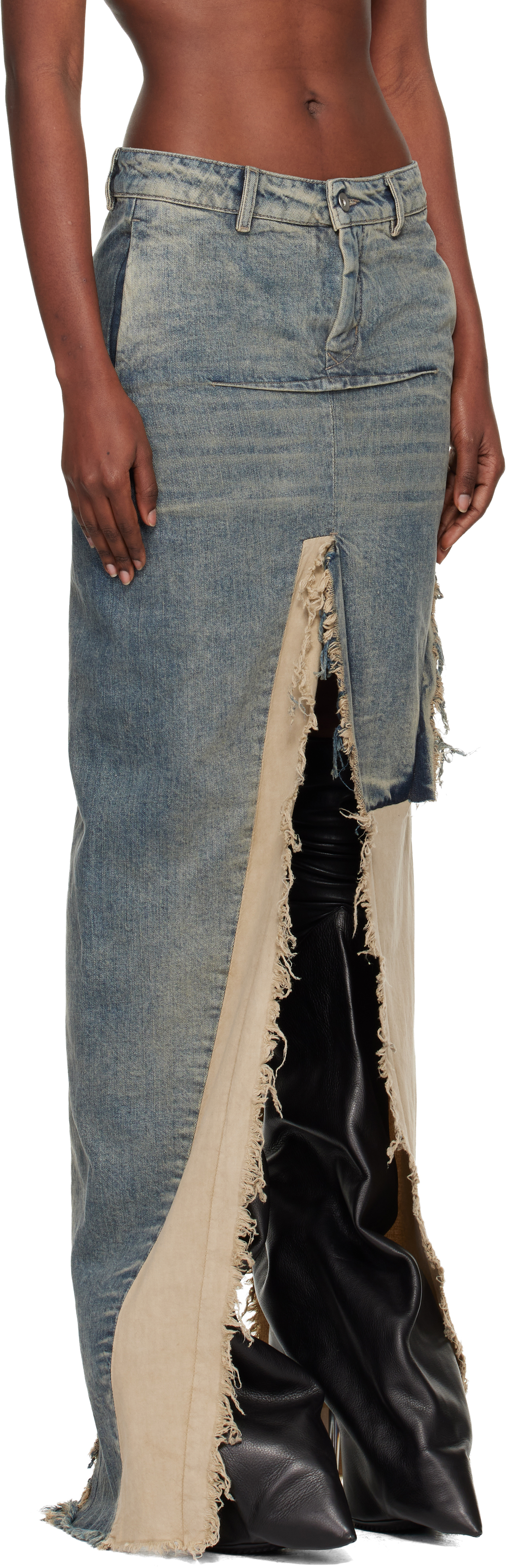 Rick Owens Blue & Off-white Concordians Sliced Denim Maxi Skirt In Blue