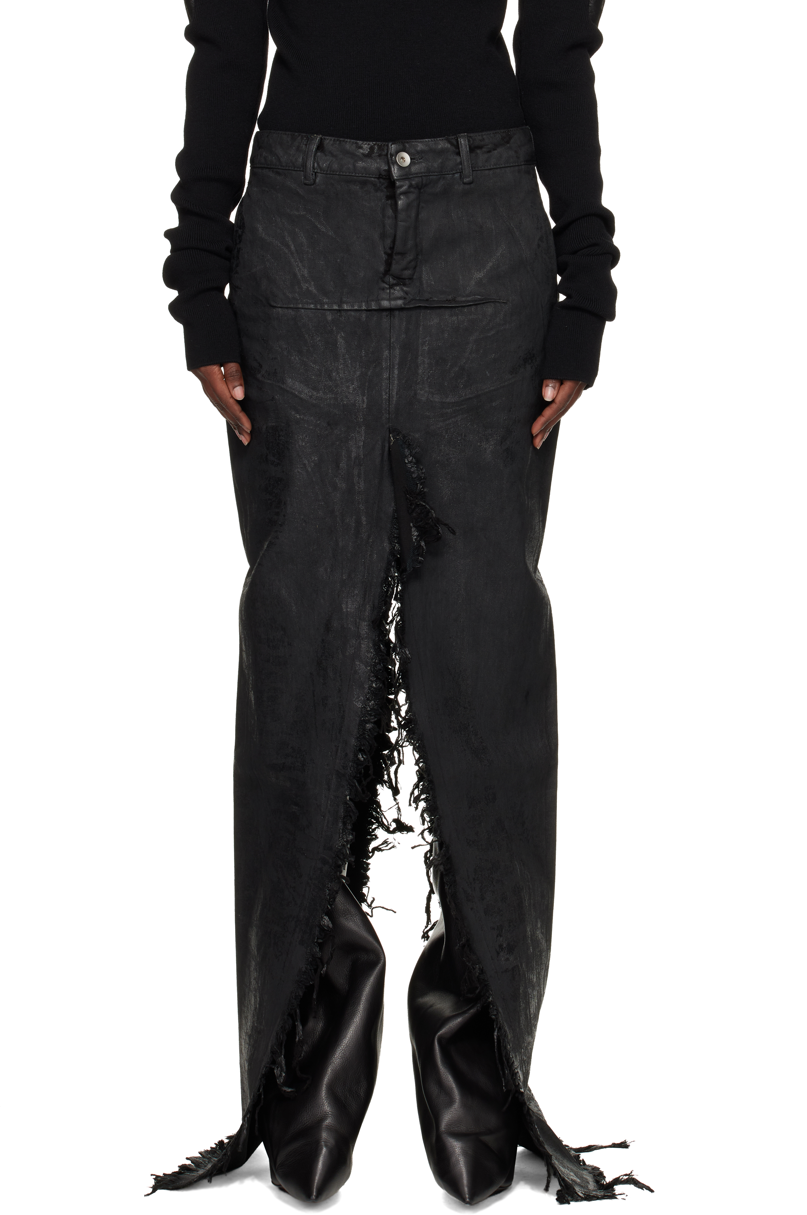 Black Concordians Runway Sliced Denim Maxi Skirt by Rick Owens on Sale