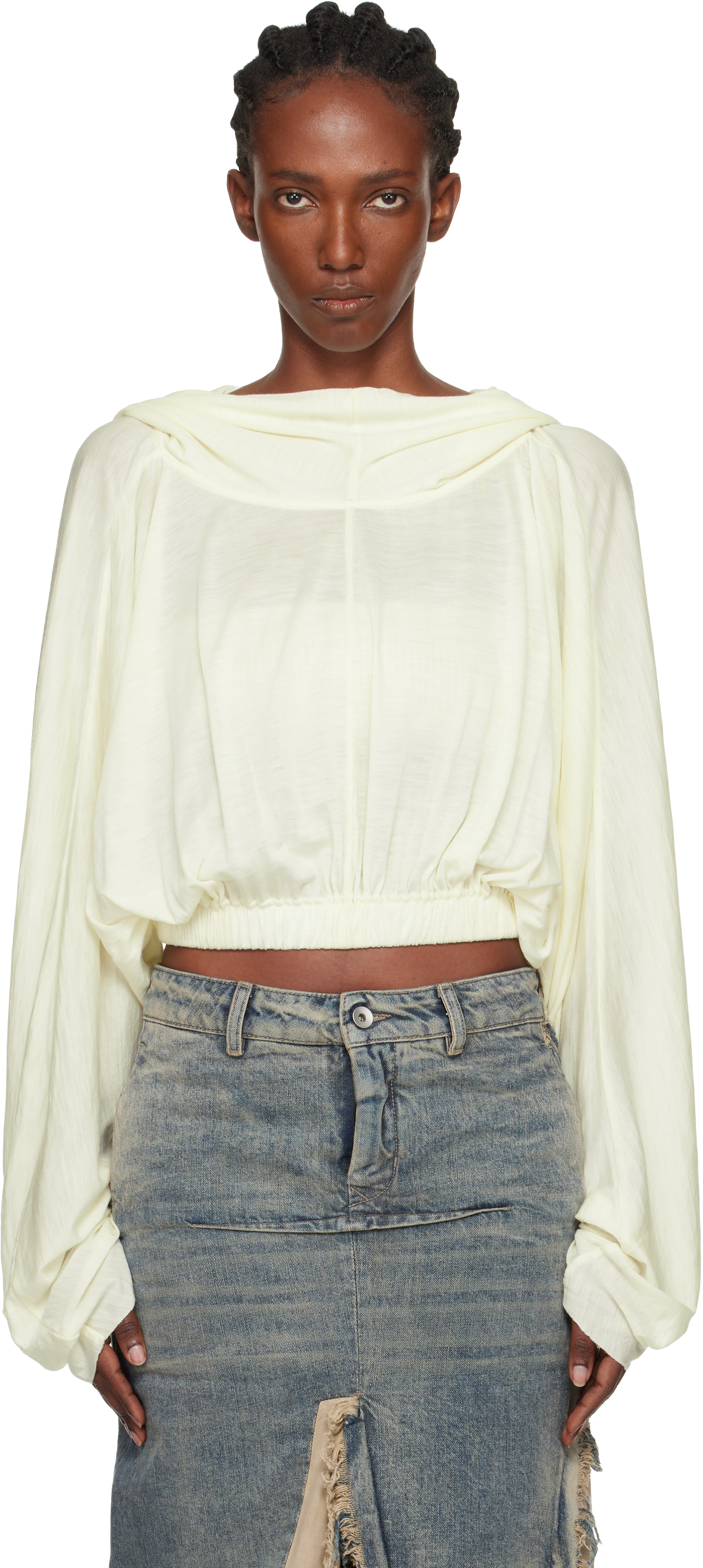 Rick Owens Off-white Concordians Cropped Tunic Hoodie In White
