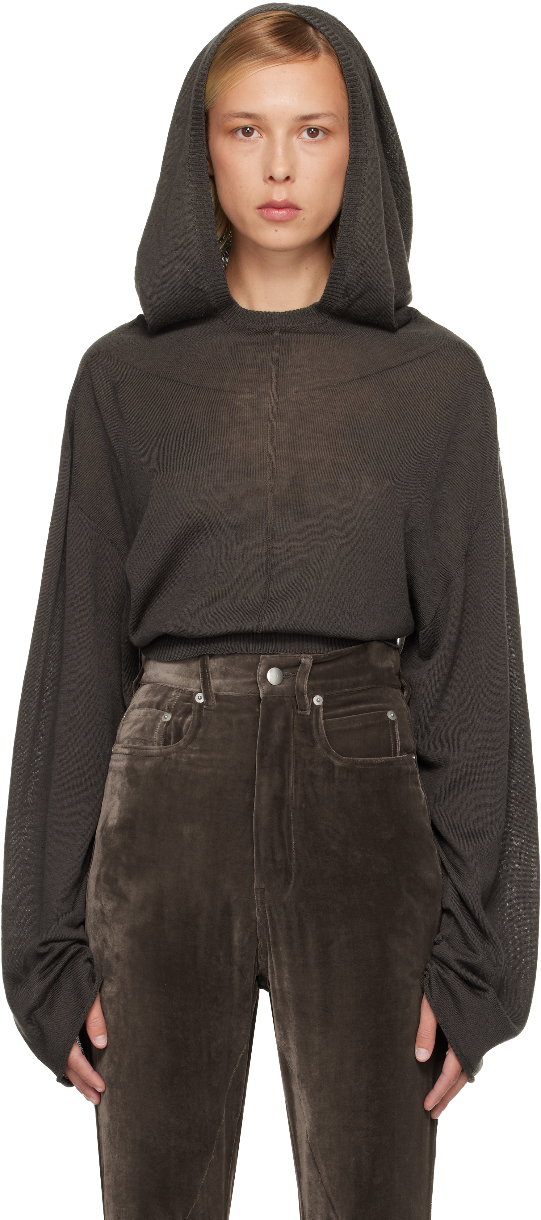 Rick Owens Gray Concordians Cropped Tunic Hoodie In Brown