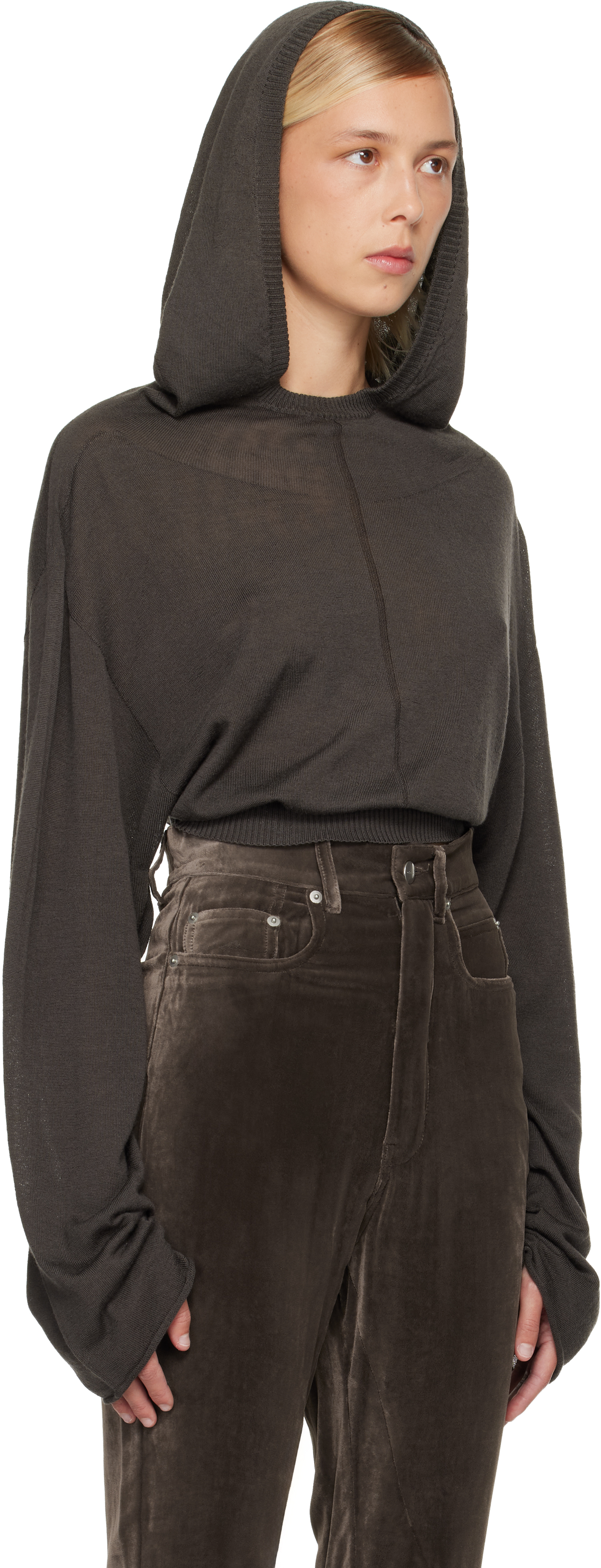 Rick Owens Gray Concordians Cropped Tunic Hoodie In Brown