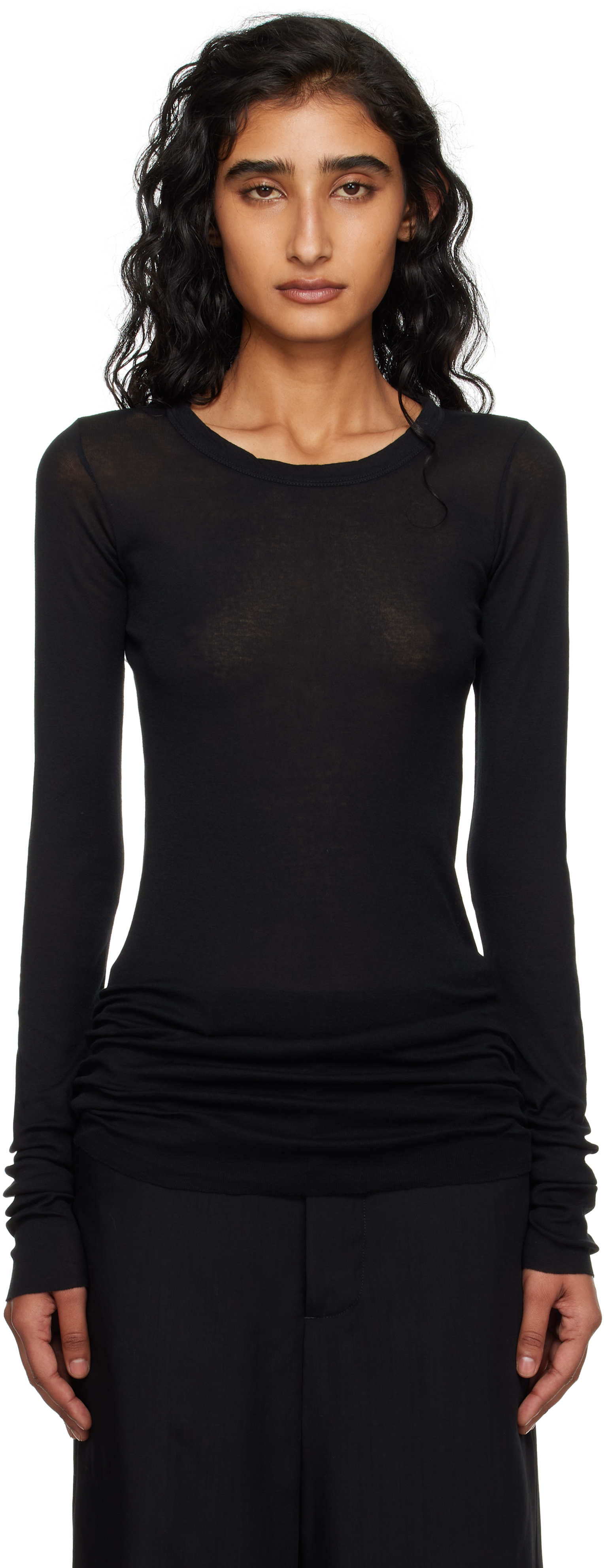 Rick Owens Black Concordians Mini Rib Ls T-shirt In Black