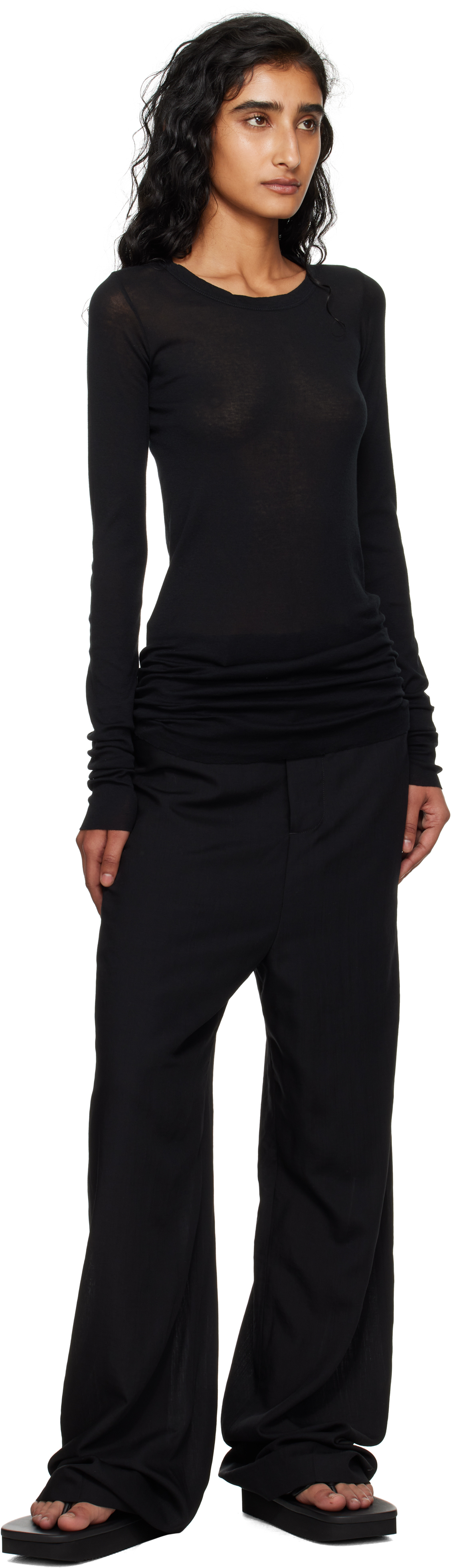 Rick Owens Black Concordians Mini Rib Ls T-shirt In Black