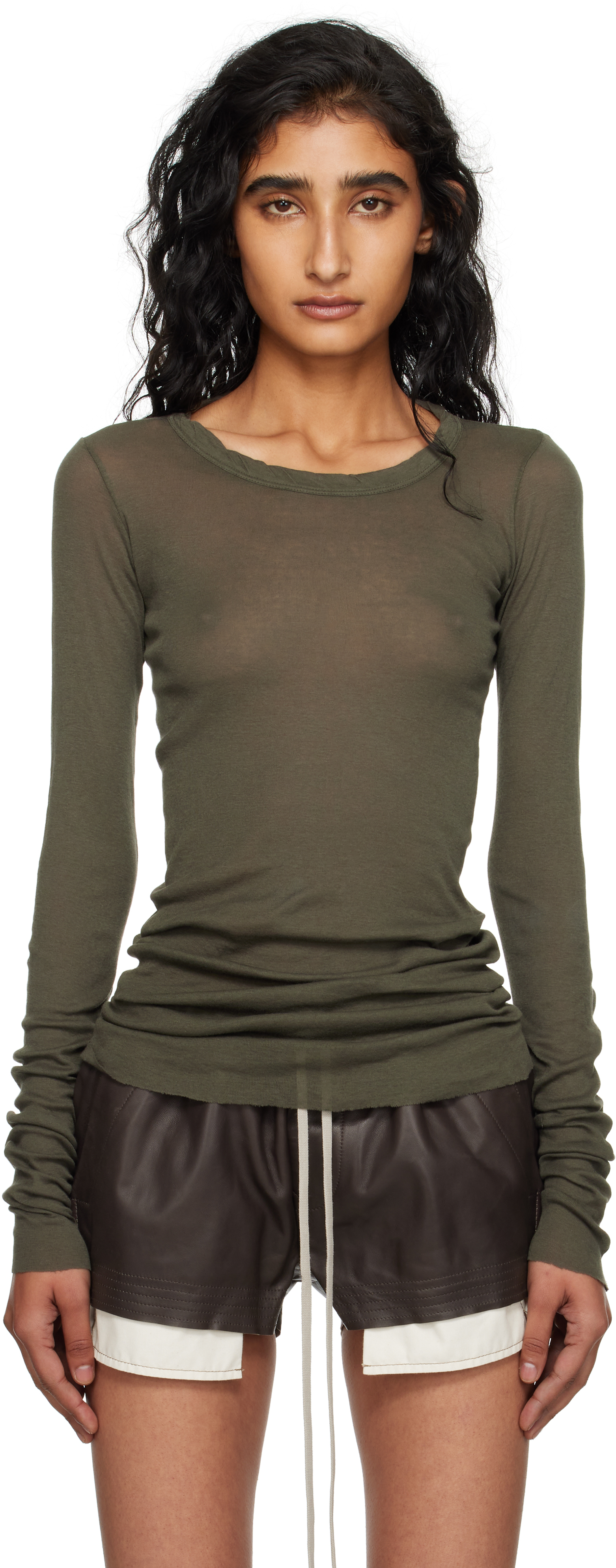 Rick Owens Khaki Concordians Mini Rib Ls T-shirt In Green