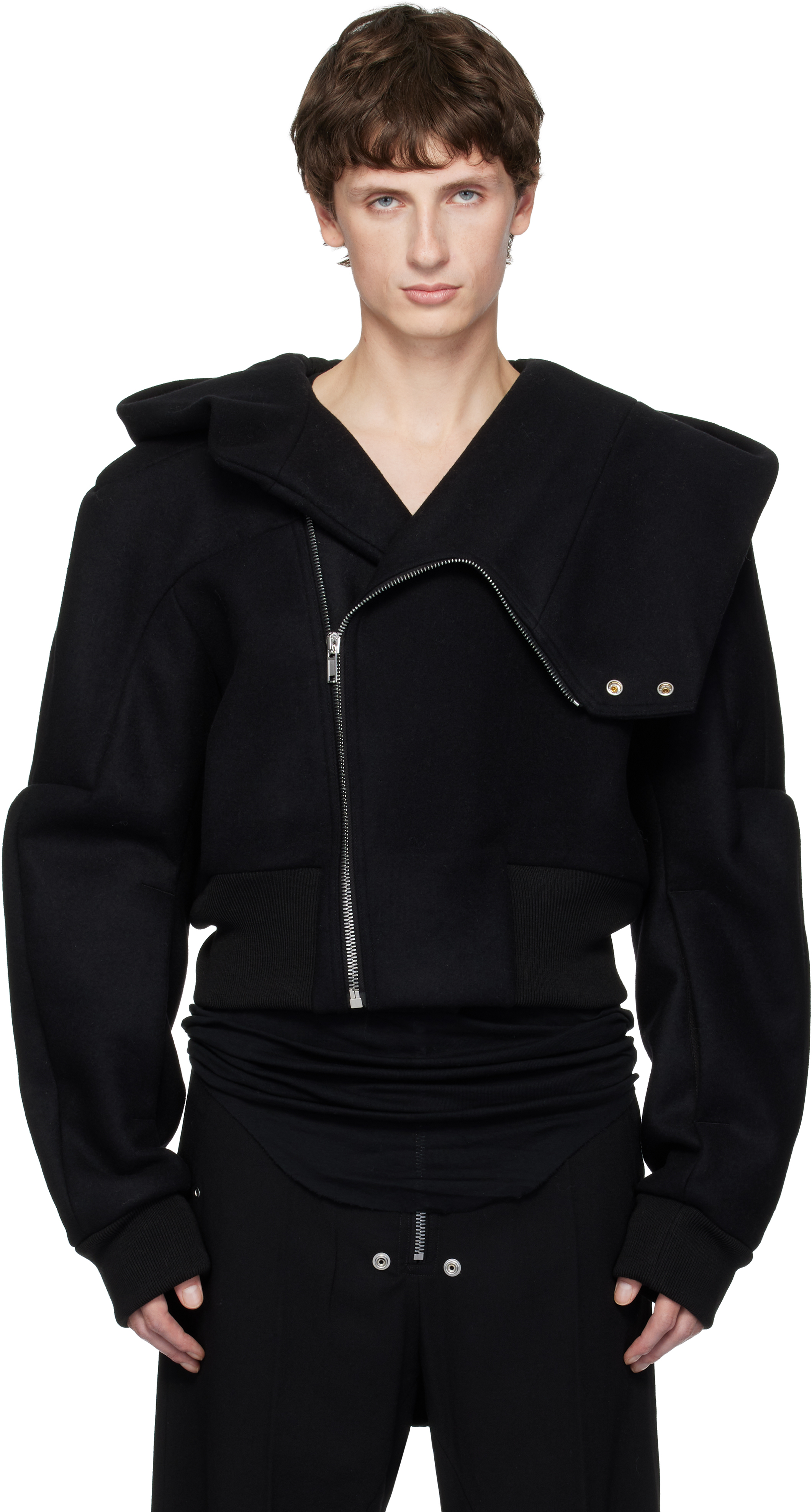 Rick Owens: Black Concordians Cropped Hooded Flight Bomber Jacket