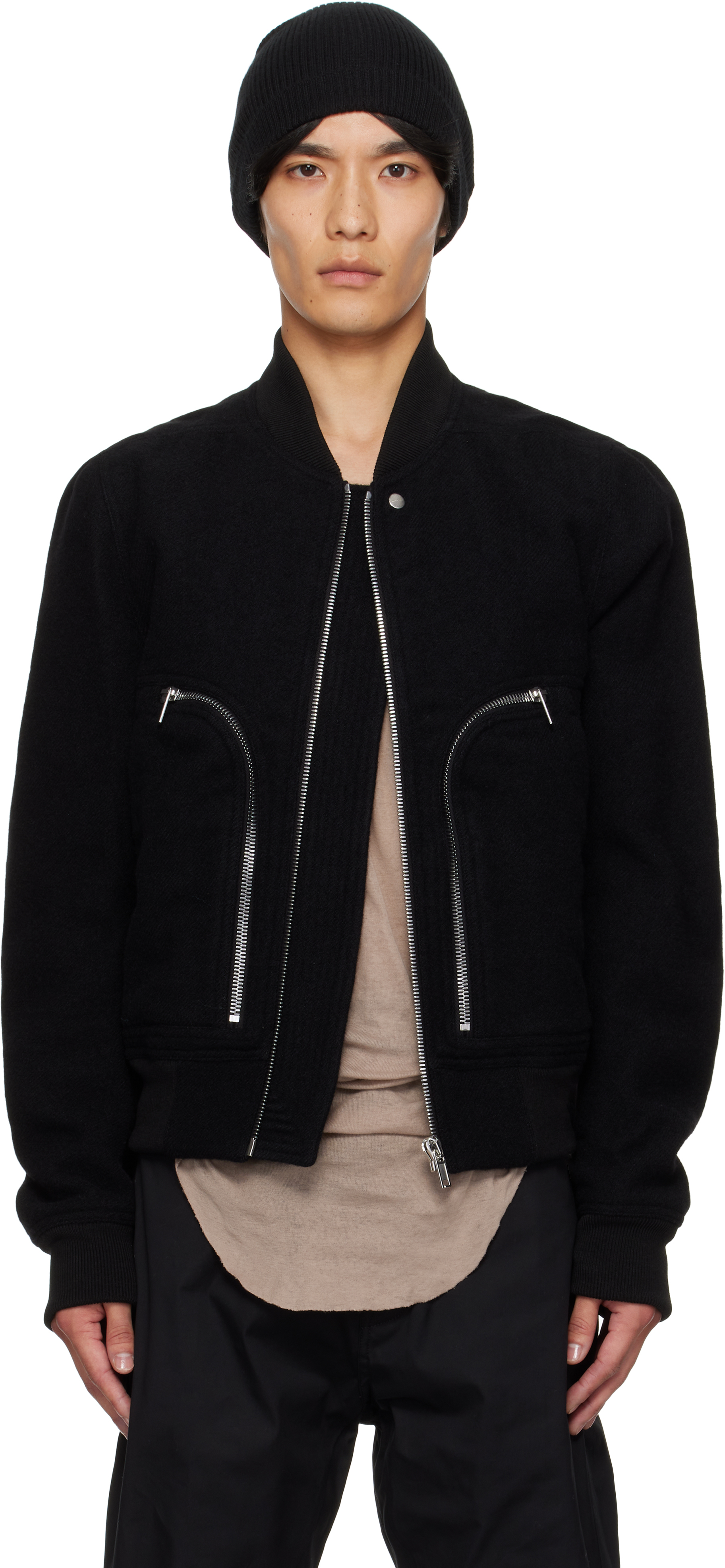 Rick Owens Leather Jacket With High Collar And Ribbed Accents In Black