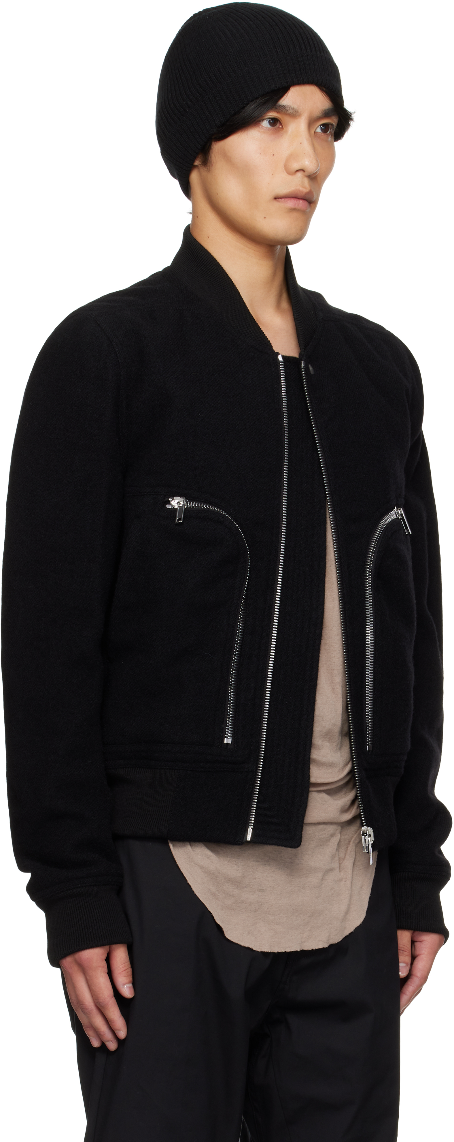 Rick Owens Leather Jacket With High Collar And Ribbed Accents In Black
