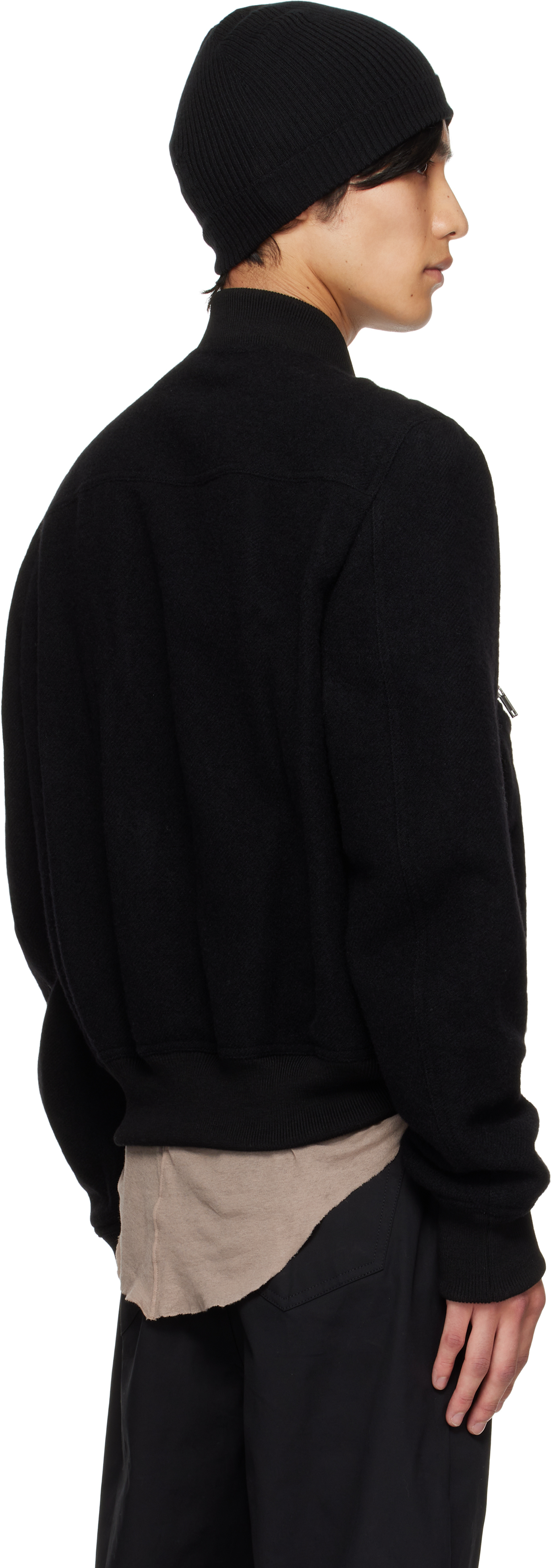Rick Owens Leather Jacket With High Collar And Ribbed Accents In Black