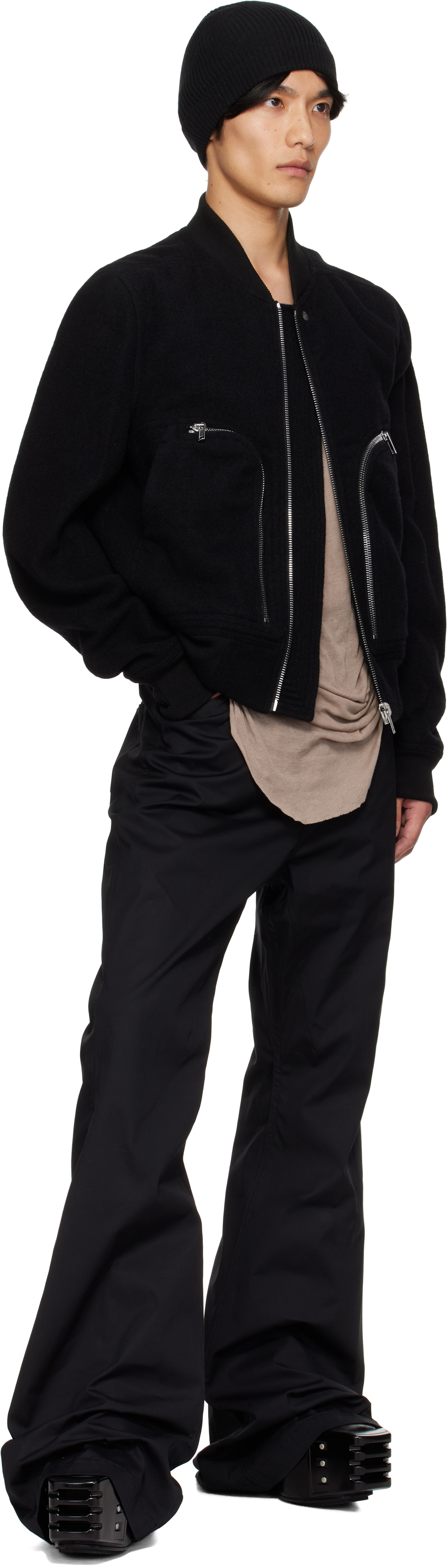 Rick Owens Leather Jacket With High Collar And Ribbed Accents In Black