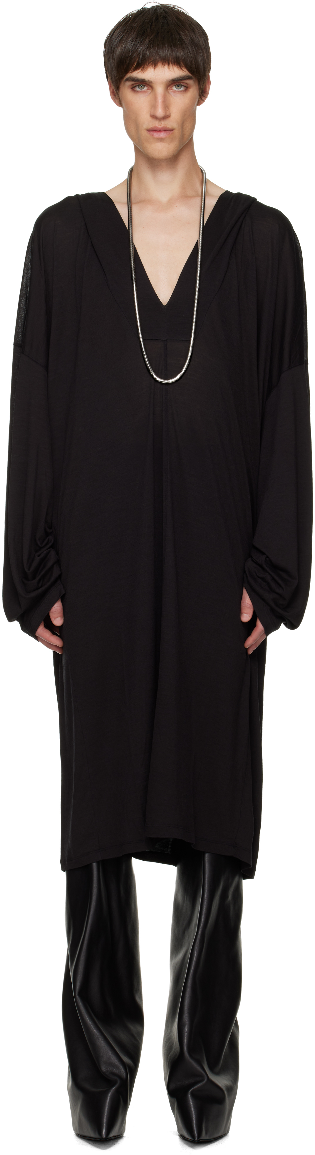 Rick Owens Black Concordians Ls Knee Kaftan Jacket In Black