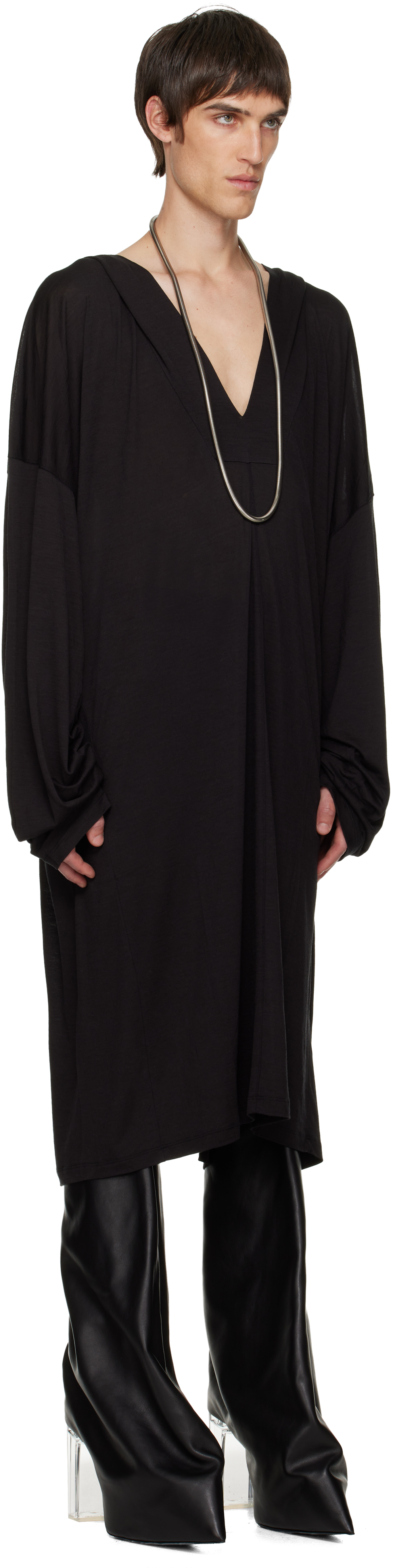 Rick Owens Black Concordians Ls Knee Kaftan Jacket In Black
