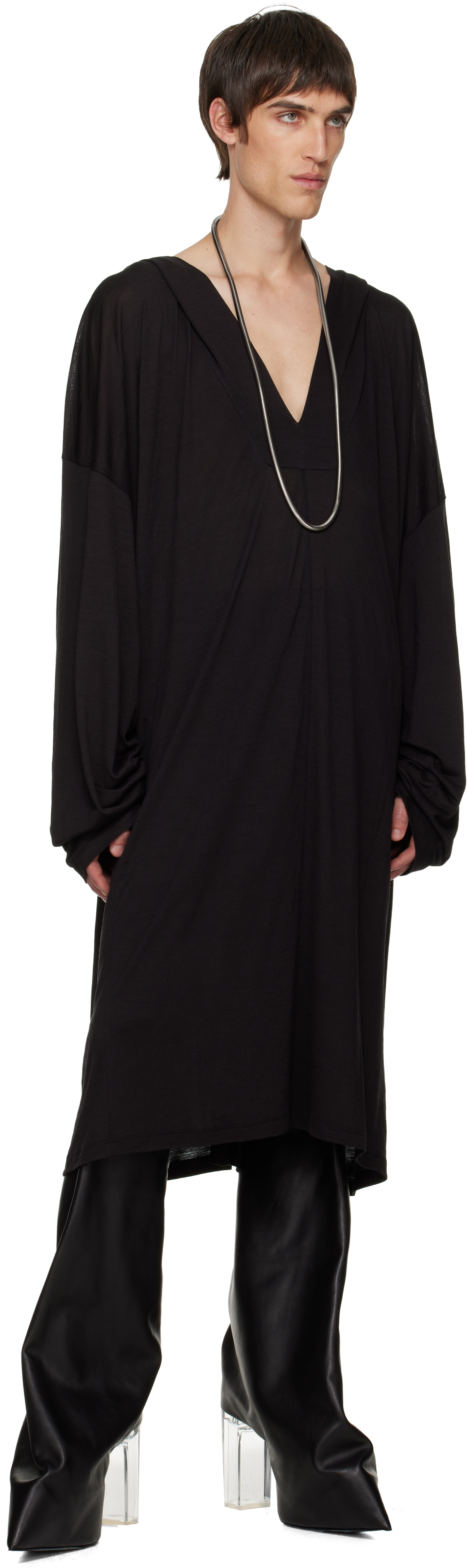 Rick Owens Black Concordians Ls Knee Kaftan Jacket In Black