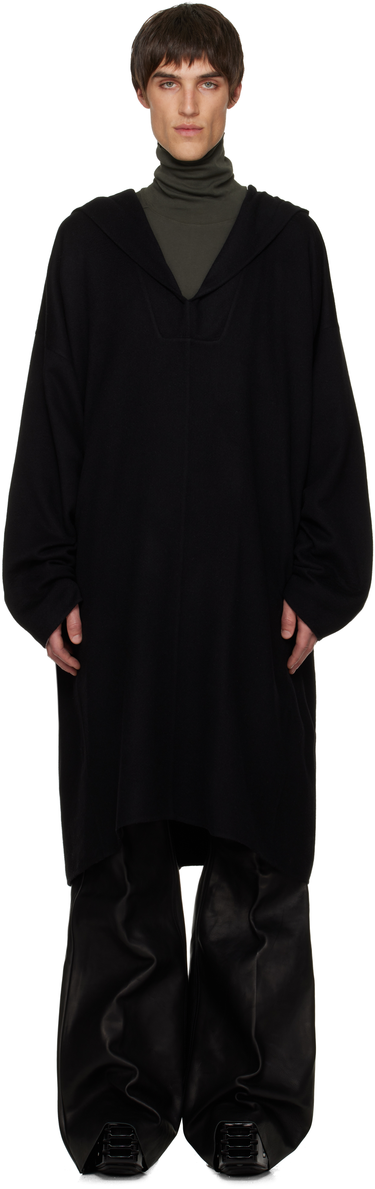 Rick Owens Black Concordians Ls Knee Kaftan Coat In Black