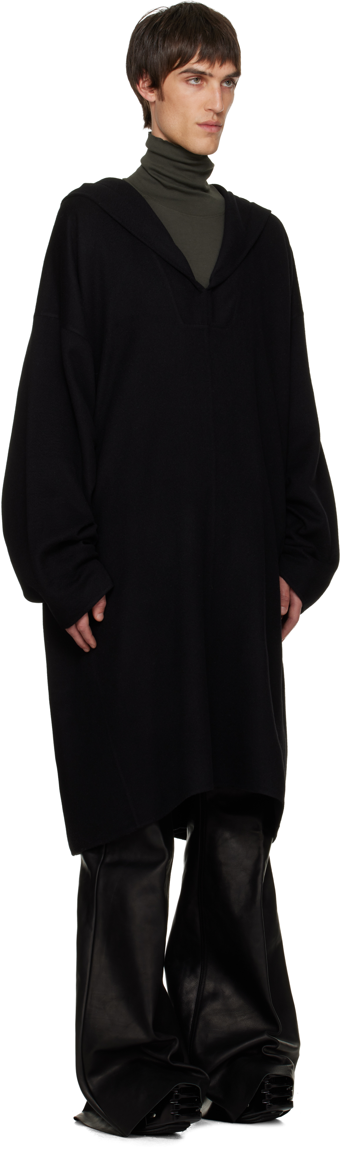 Rick Owens Black Concordians Ls Knee Kaftan Coat In Black