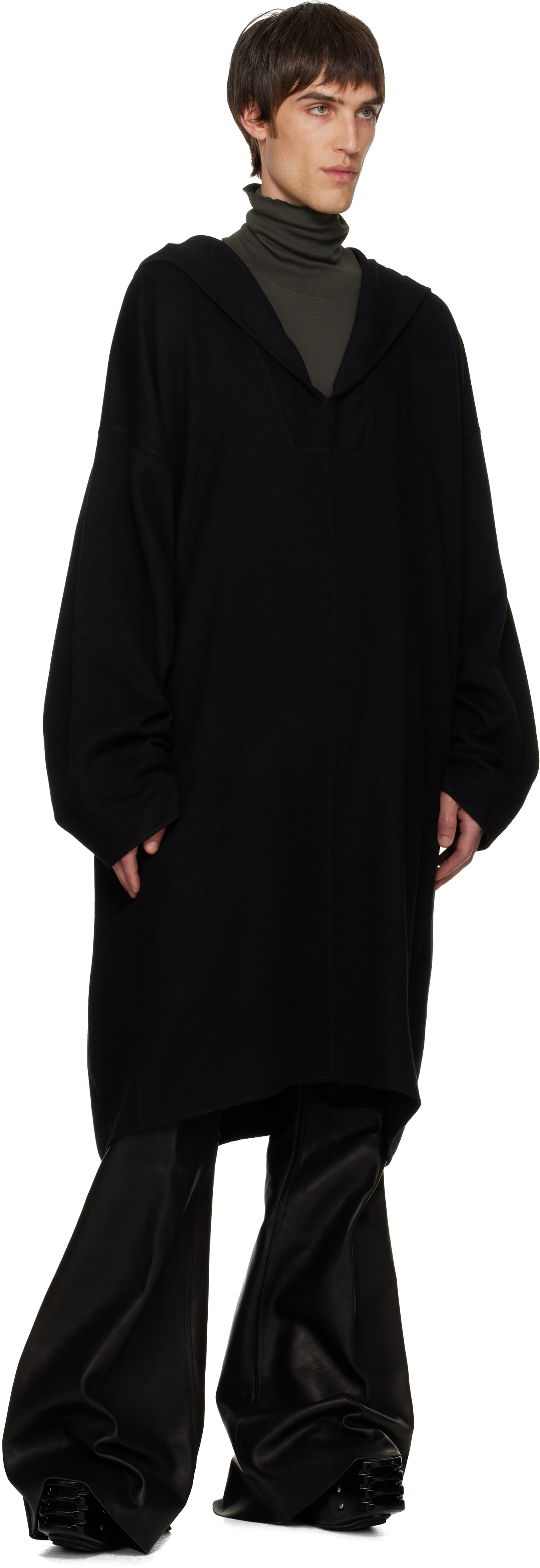 Rick Owens Black Concordians Ls Knee Kaftan Coat In Black