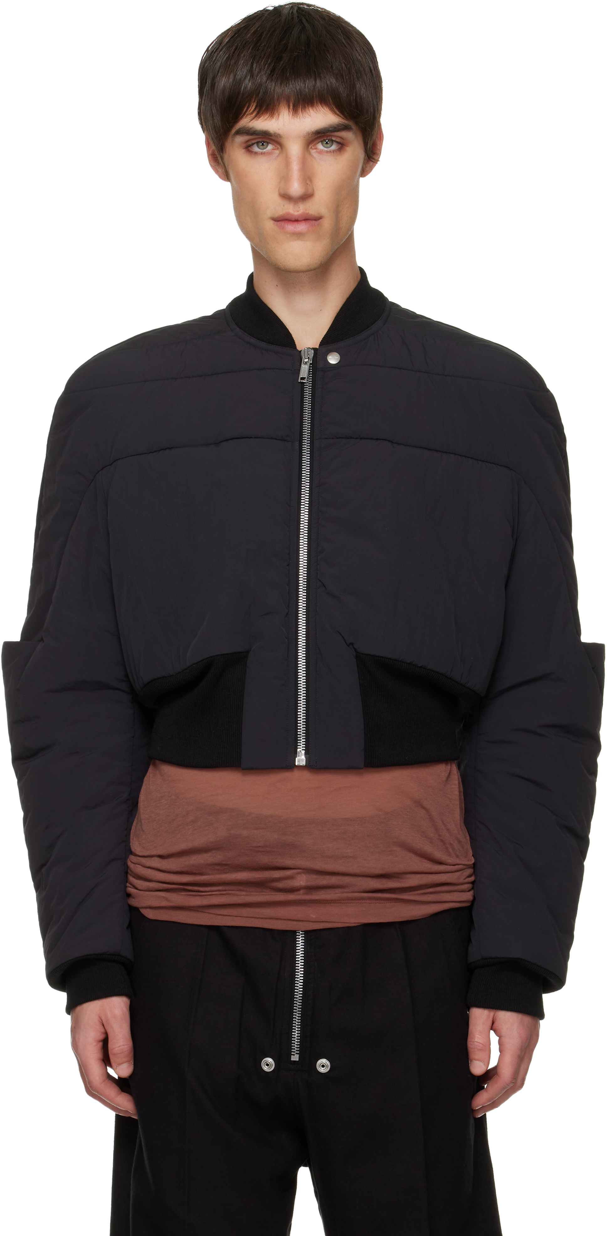 Black Concordians Girdered Down Bomber Jacket by Rick Owens on Sale Black Concordians Girdered Down Bomber Jacket by Rick Owens on Sale