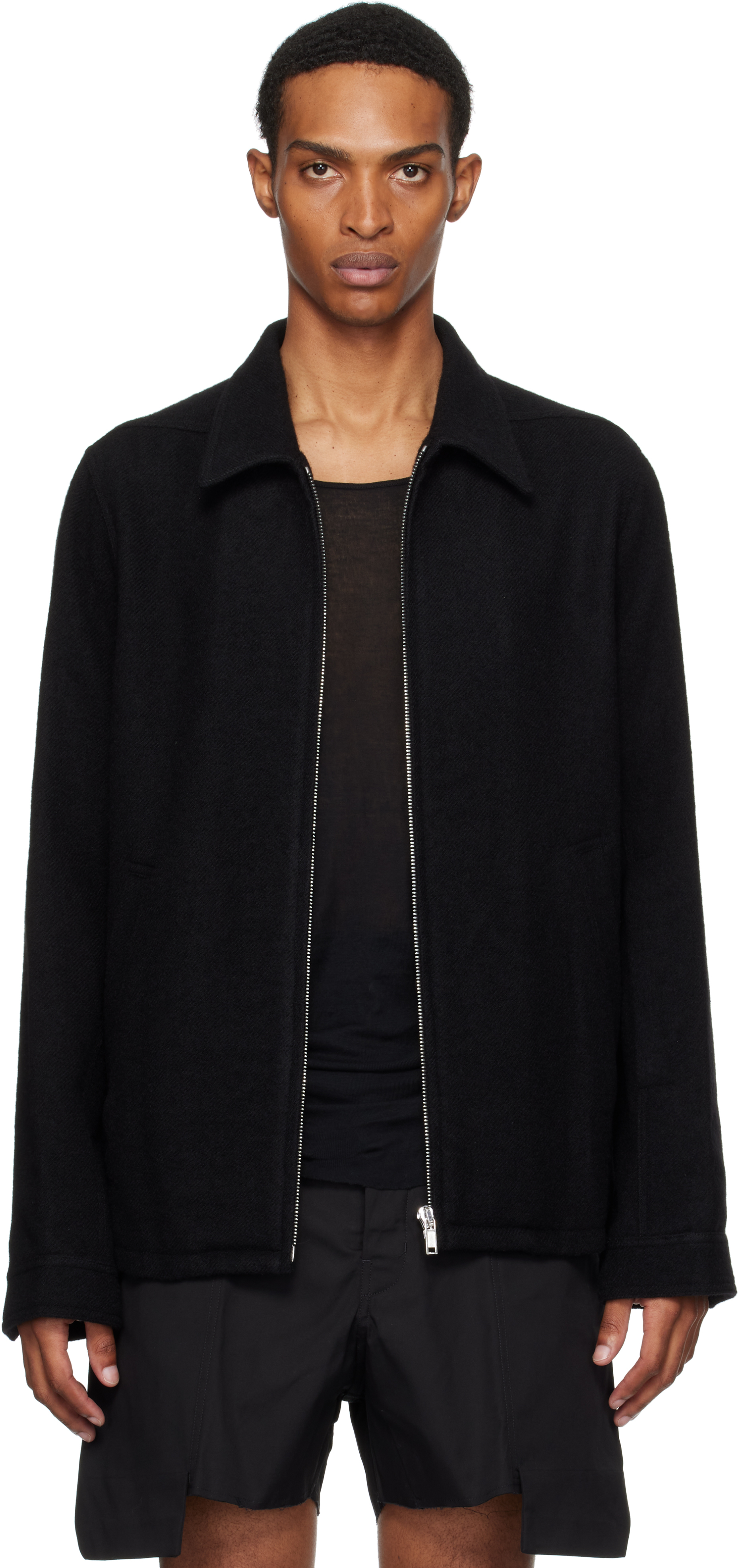 【関税込み】Rick Owens ブラック Concordians Brad ジャケット Rick Owens: ブラック Concordians Brad ジャケット | SSENSE 日本
