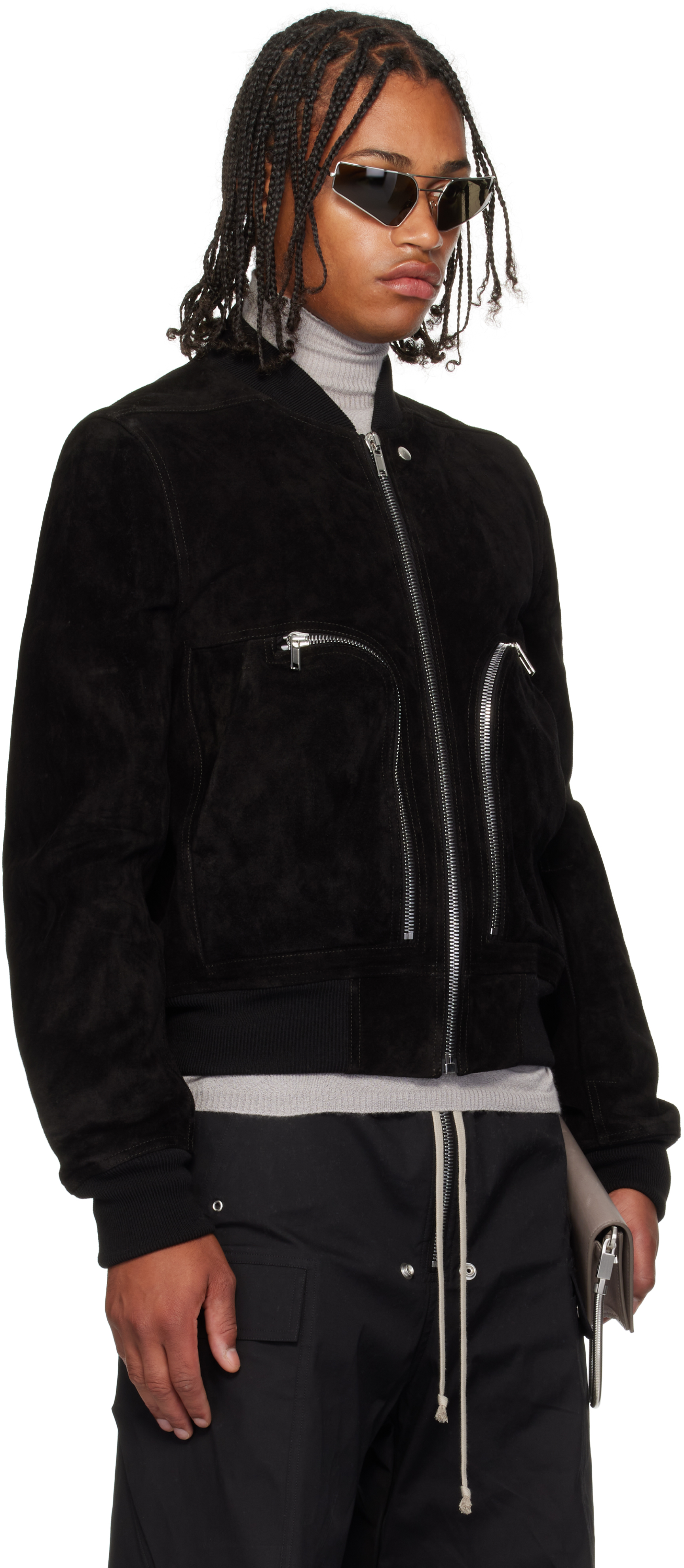 Rick Owens Leather Jacket With High Collar And Ribbed Accents In Black