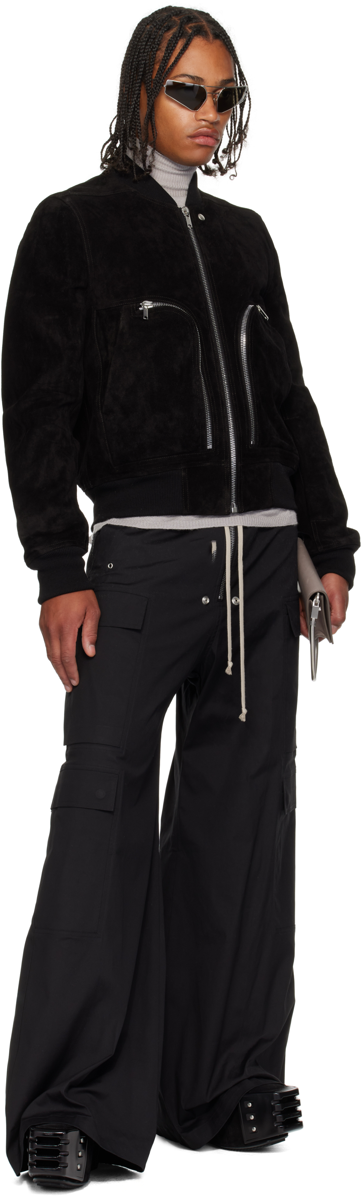 Rick Owens Leather Jacket With High Collar And Ribbed Accents In Black