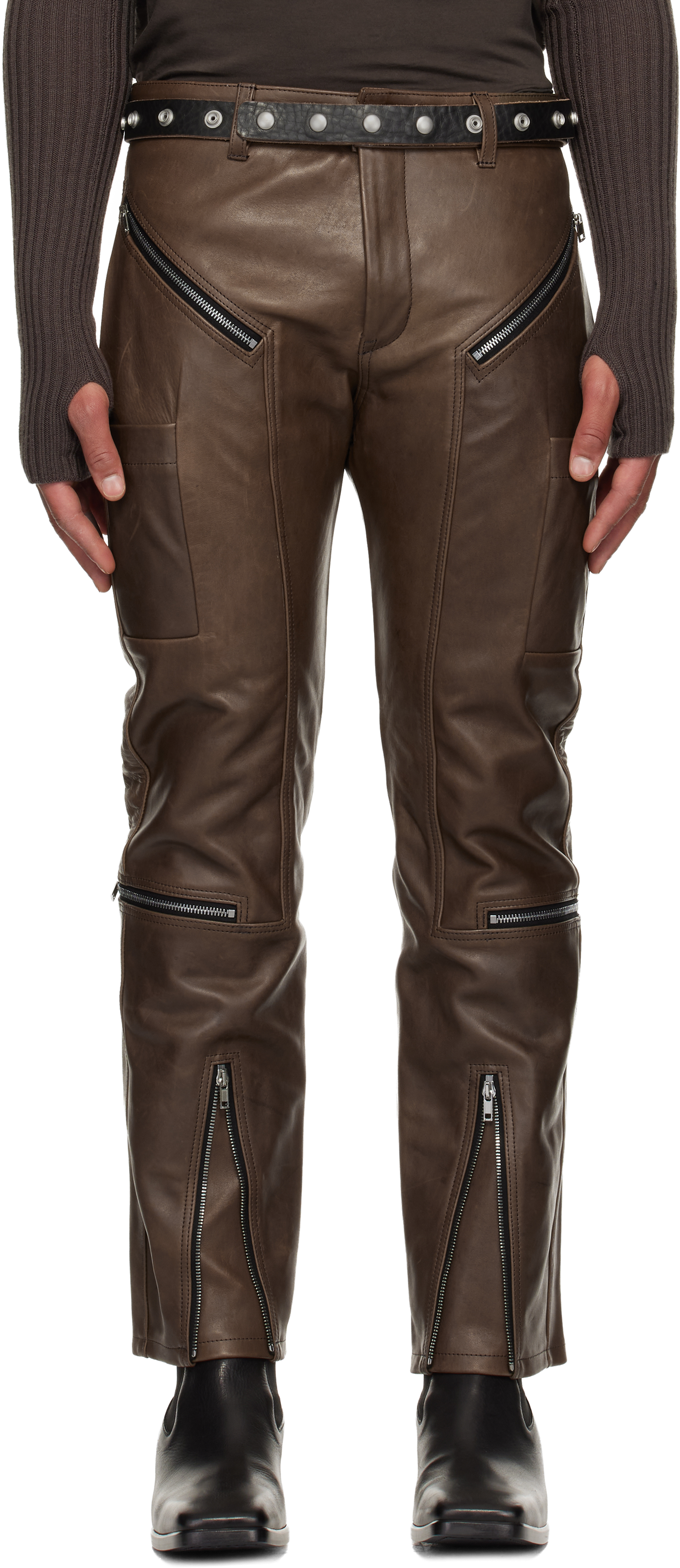 Rick Owens Brown Concordians Headon Leather Pants In Brown