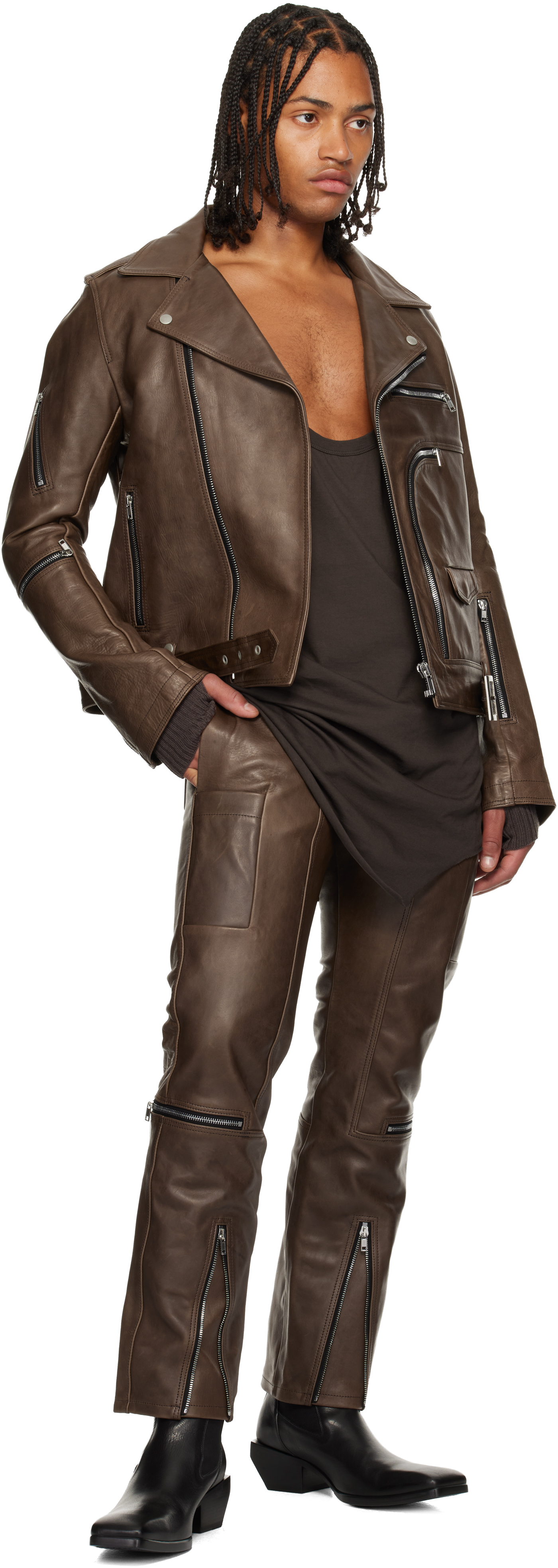 Rick Owens Brown Concordians Headon Leather Pants In Brown