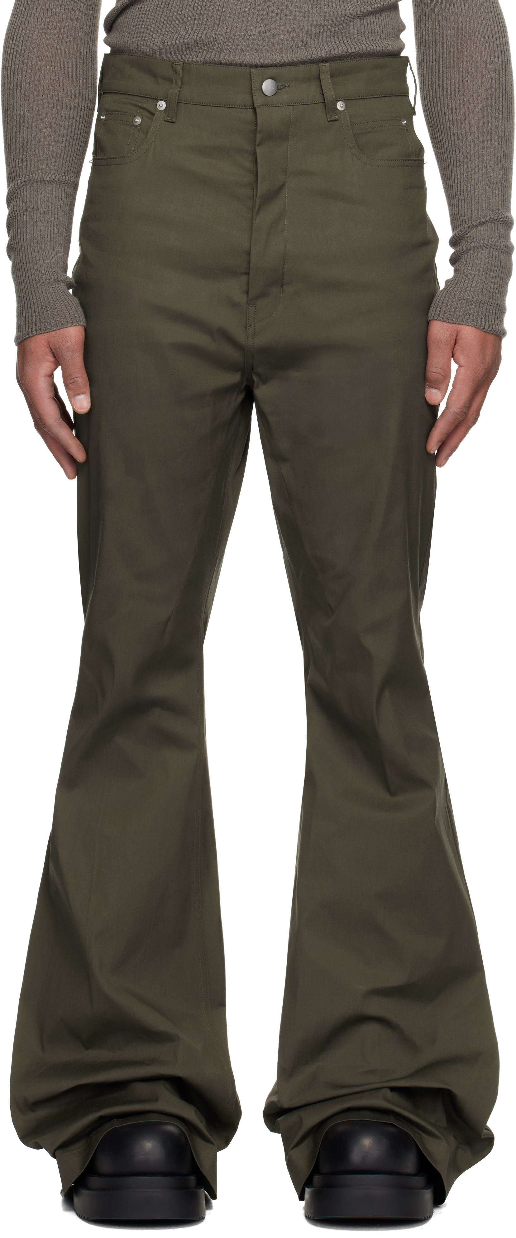 Khaki Concordians Bolan Bootcut Trousers by Rick Owens on Sale