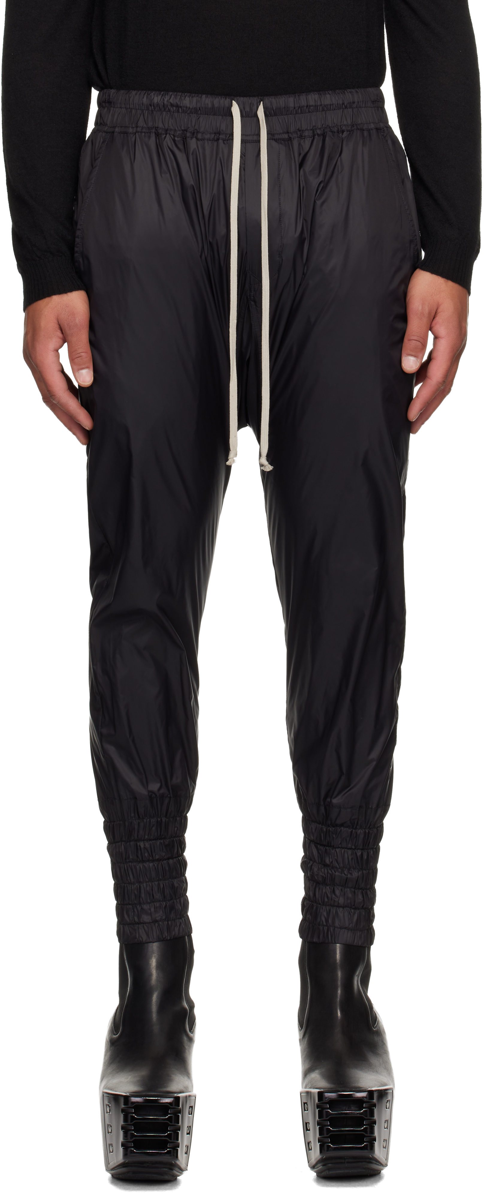 Black Concordians Drawstring Cuffed Trousers by Rick Owens on Sale