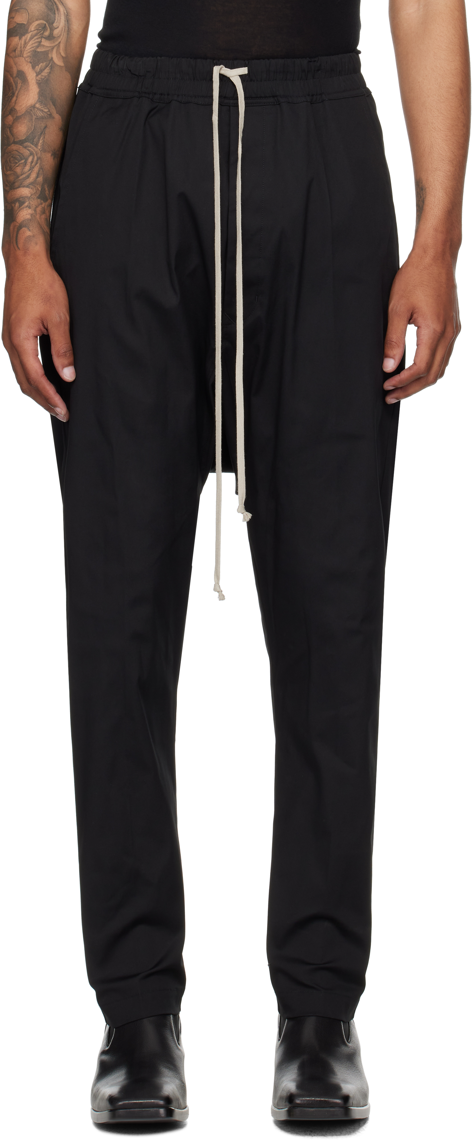 Black Concordians Drawstring Long Trousers by Rick Owens on Sale