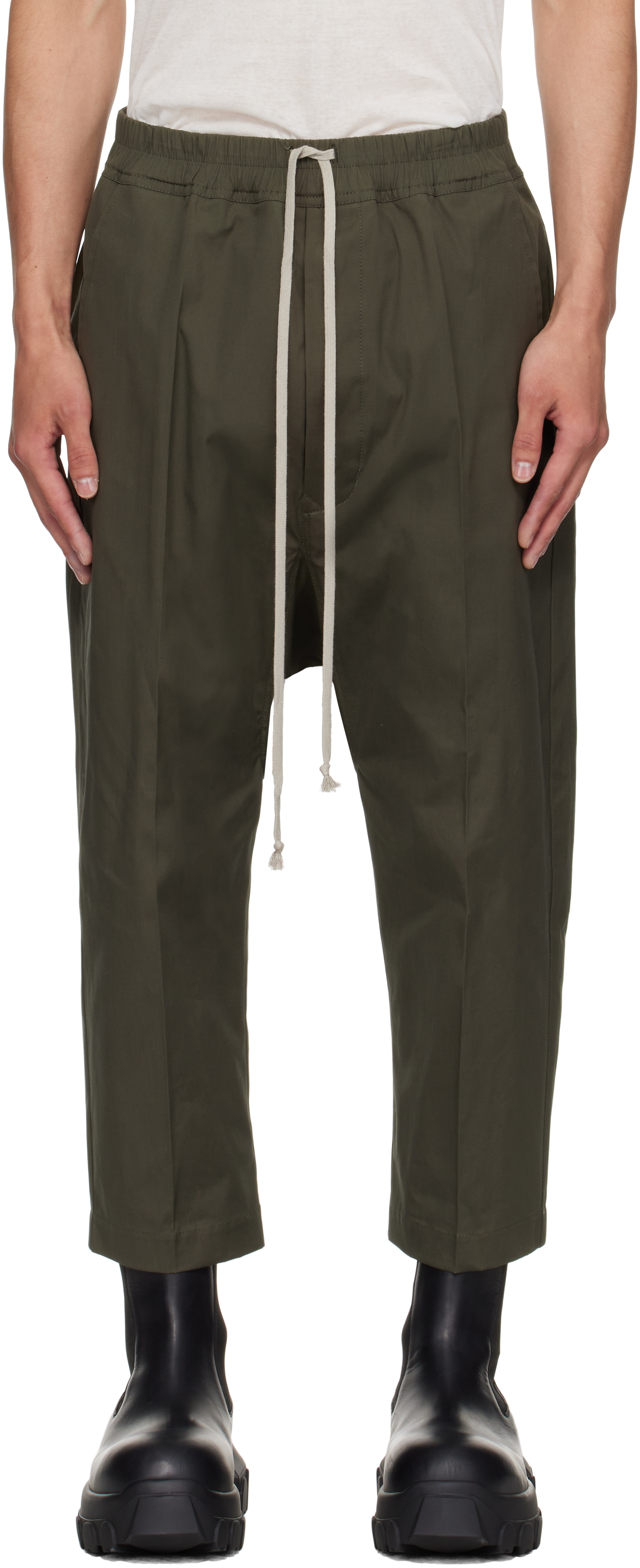 Khaki Concordians Drawstring Cropped Trousers by Rick Owens on Sale